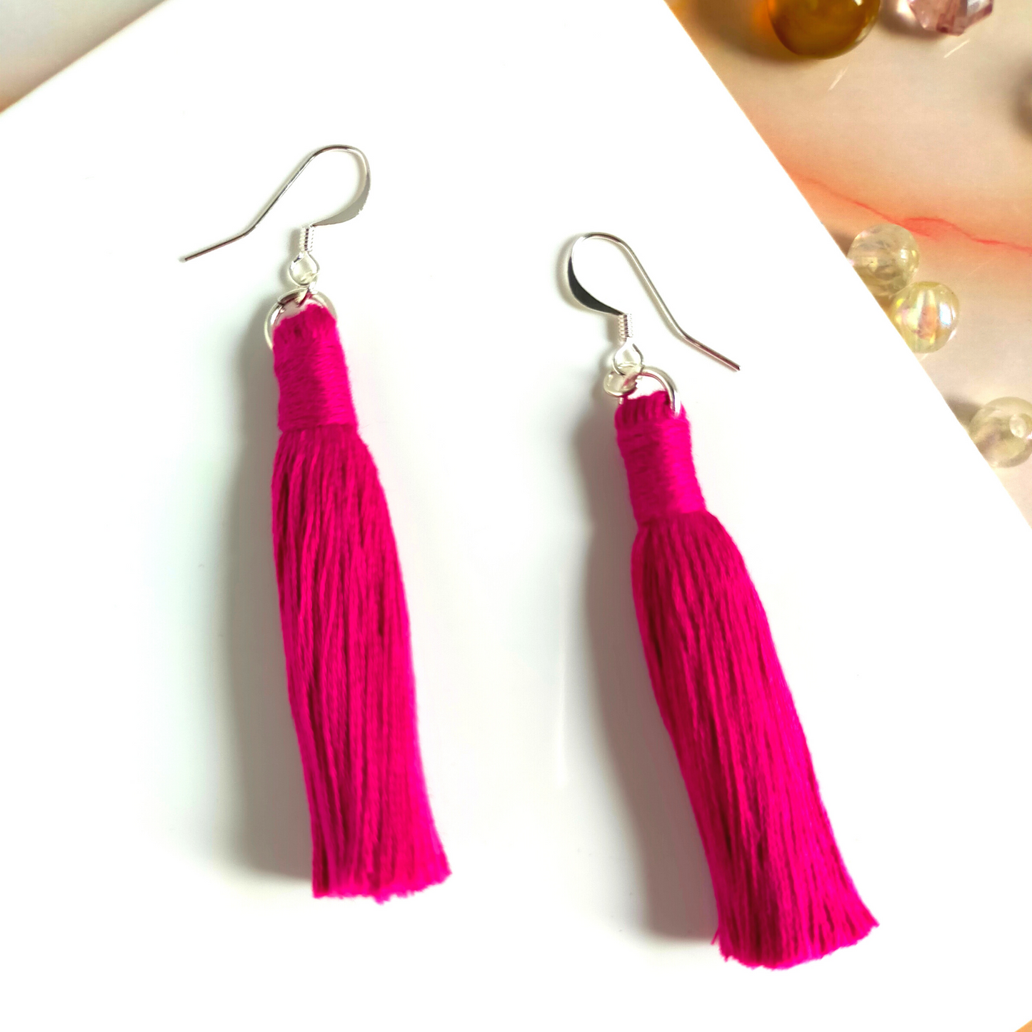 "Lia" Fuchsia Silver Plated Macramé Tassel Earrings