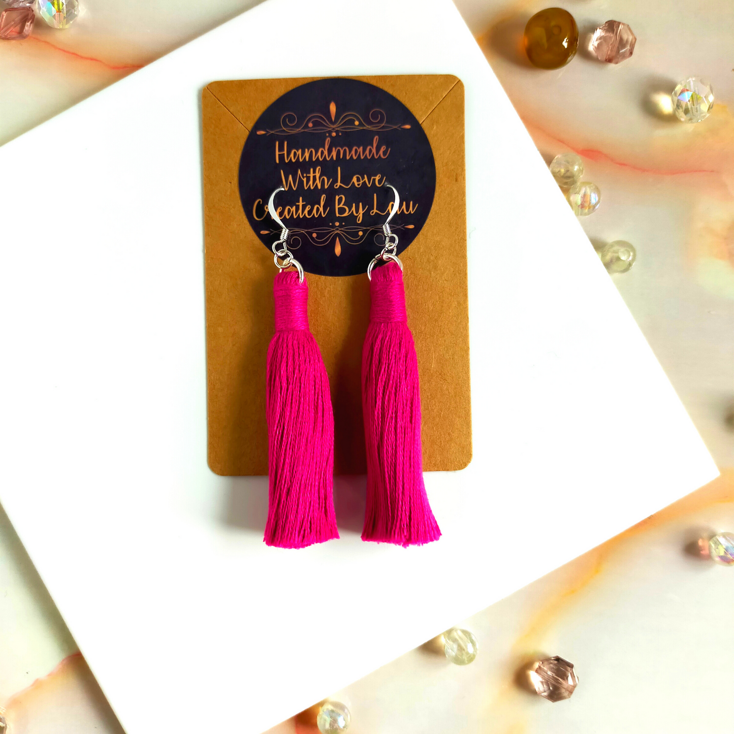 "Lia" Fuchsia Silver Plated Macramé Tassel Earrings