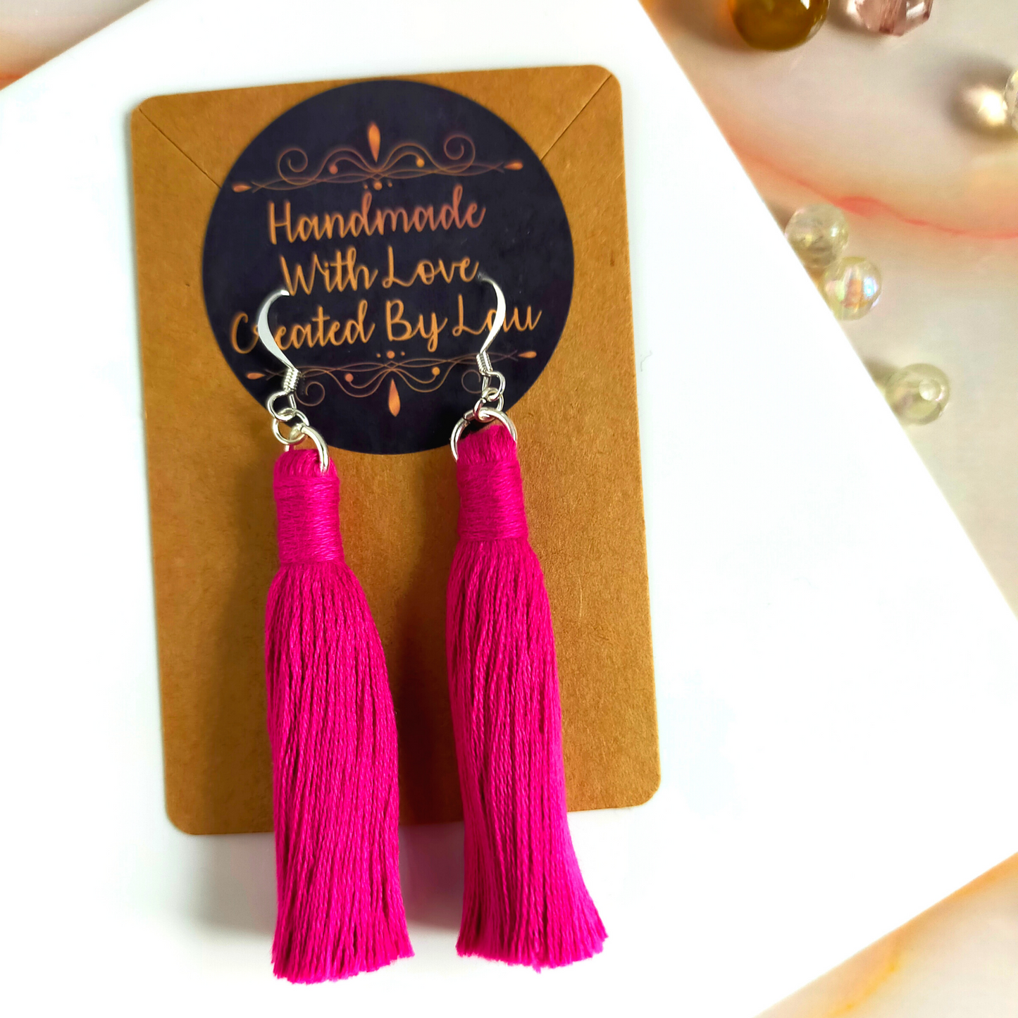 "Lia" Fuchsia Silver Plated Macramé Tassel Earrings