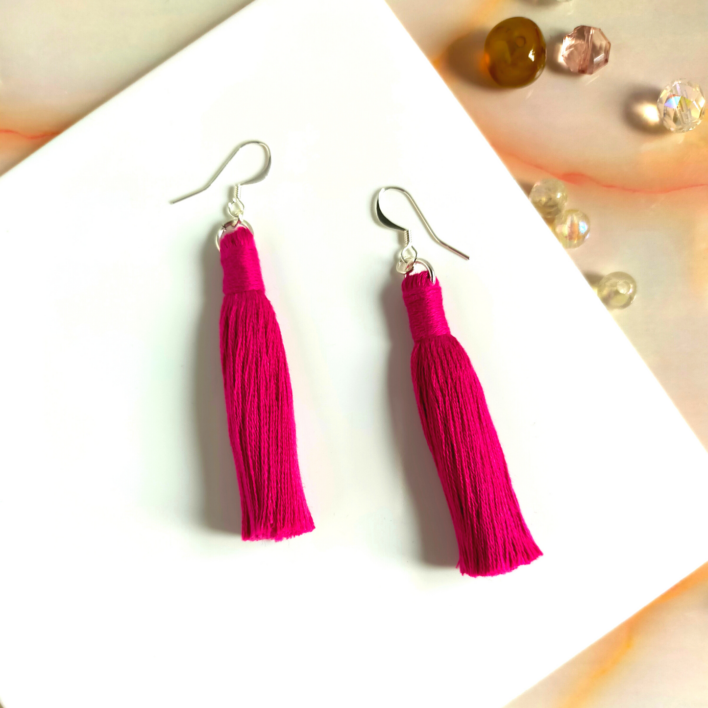 "Lia" Fuchsia Silver Plated Macramé Tassel Earrings