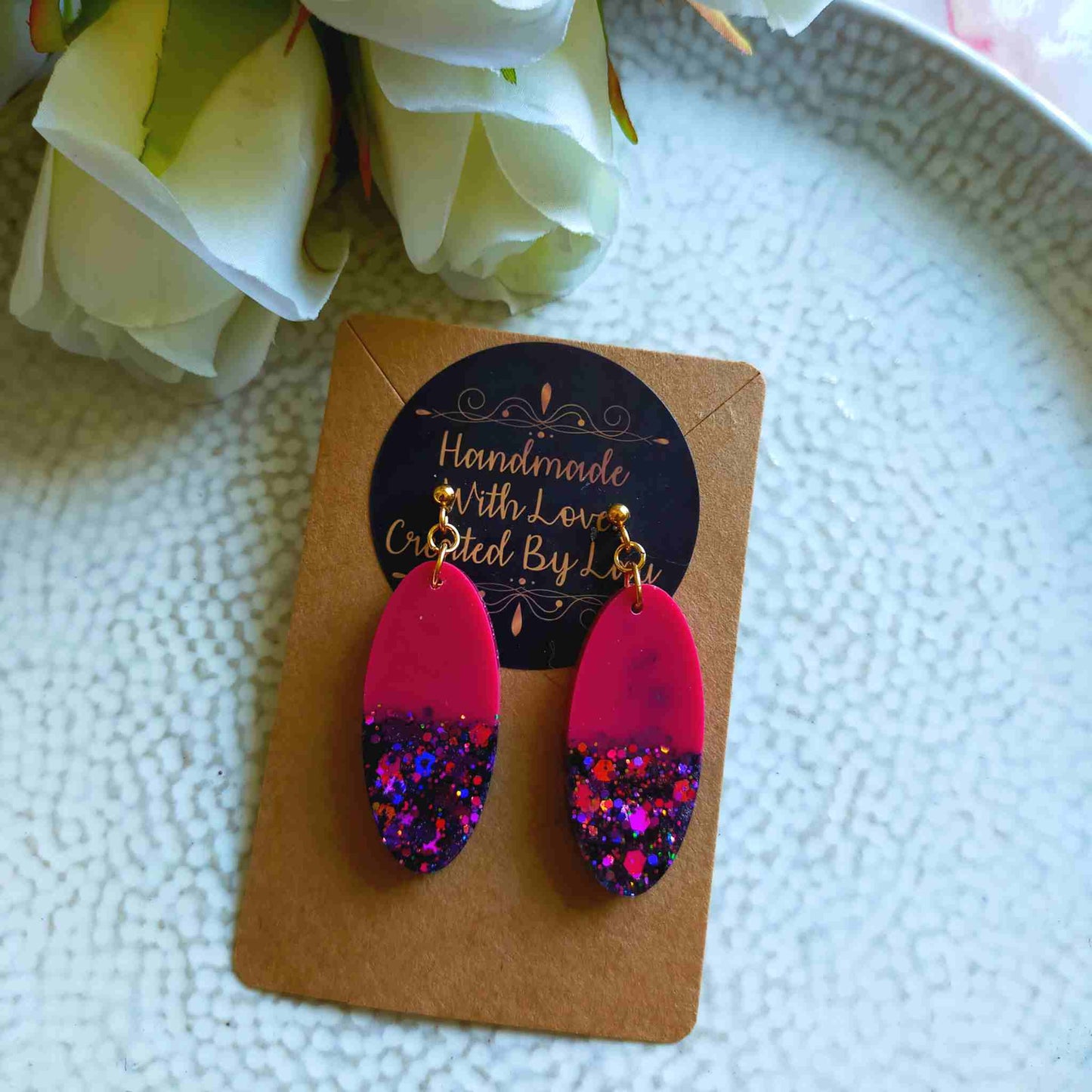 "Mae" Oval Pink Glitter Resin Dangle Earrings