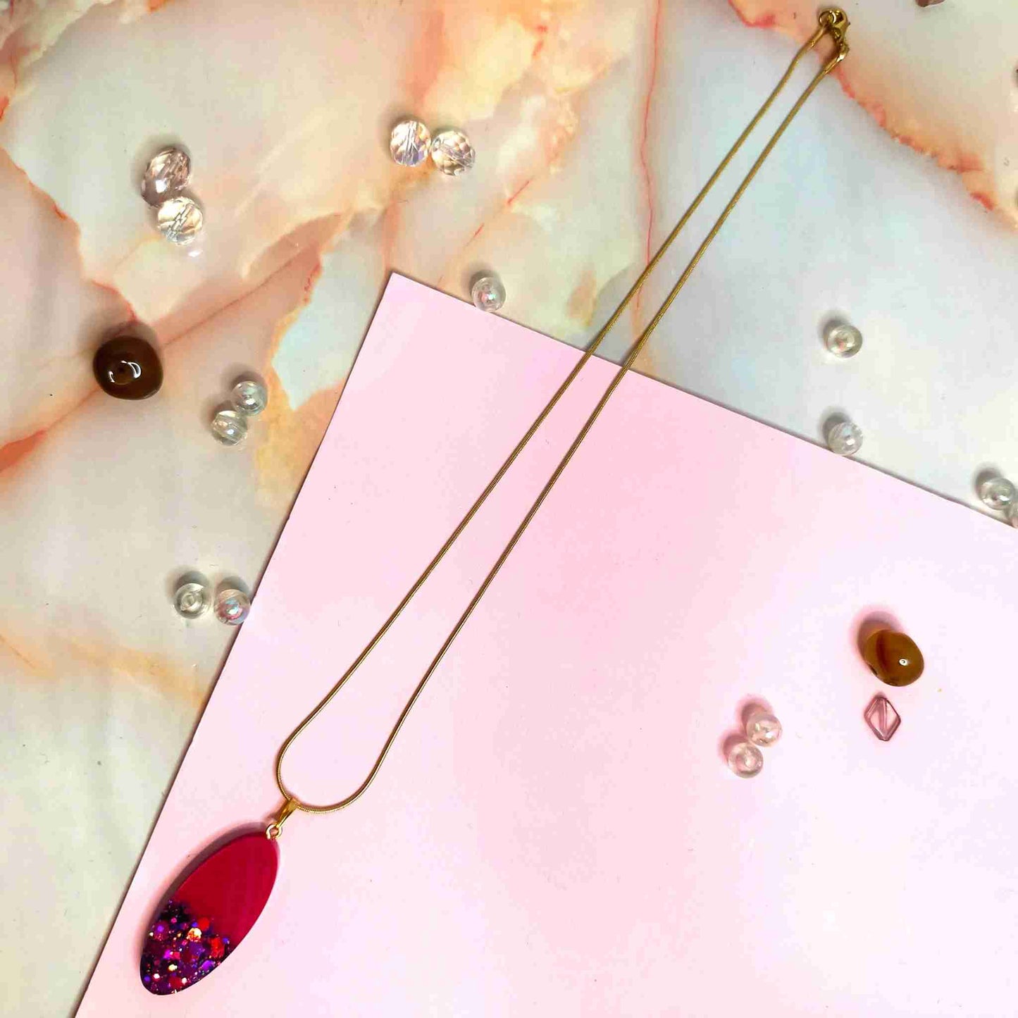 "Mae" Oval Pink Glitter Resin Necklace