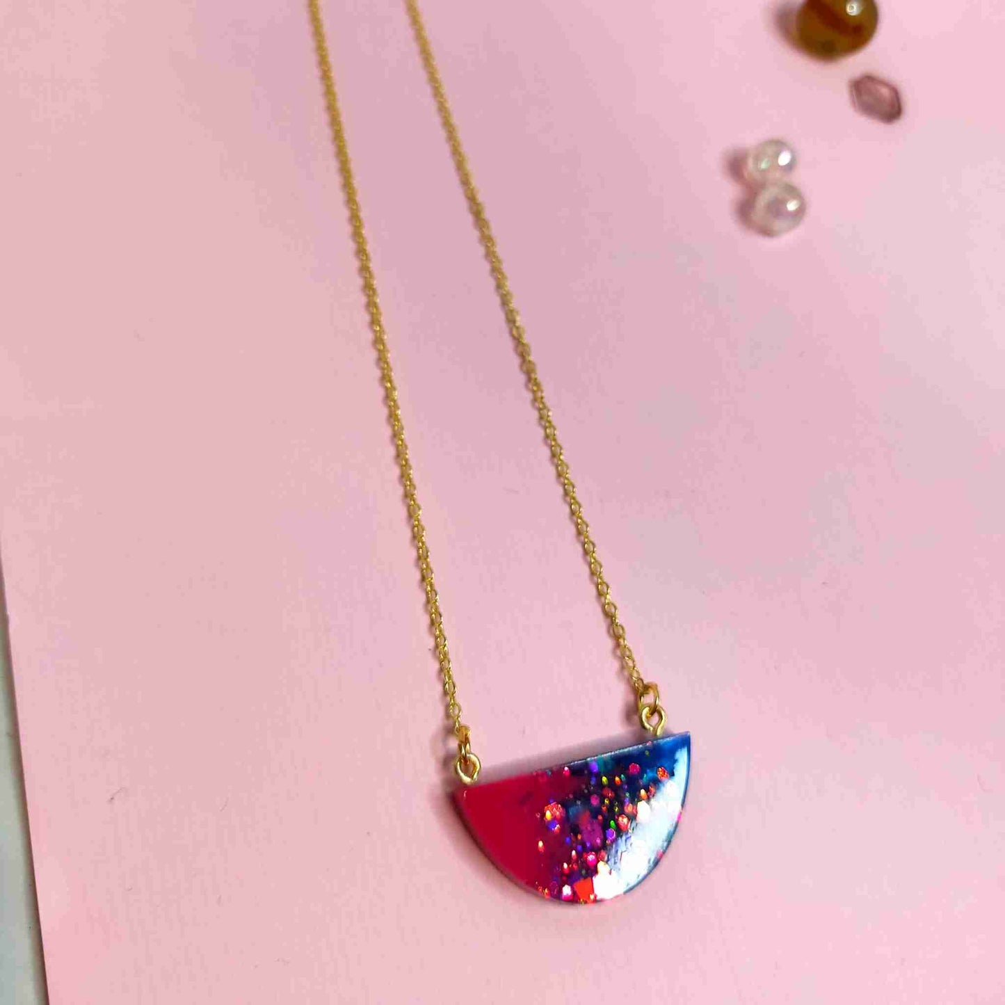 "Raelynn" Half Circle Pink, Blue & Glitter Resin Necklace