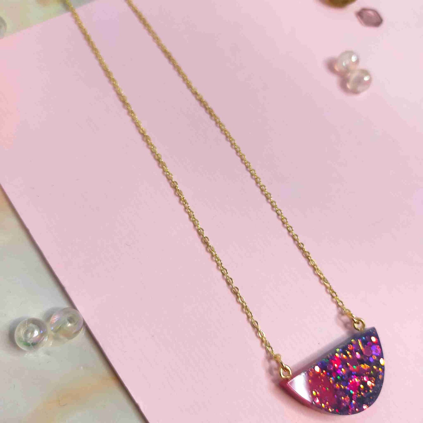 "Raelynn" Half Circle Pink, Blue & Glitter Resin Necklace