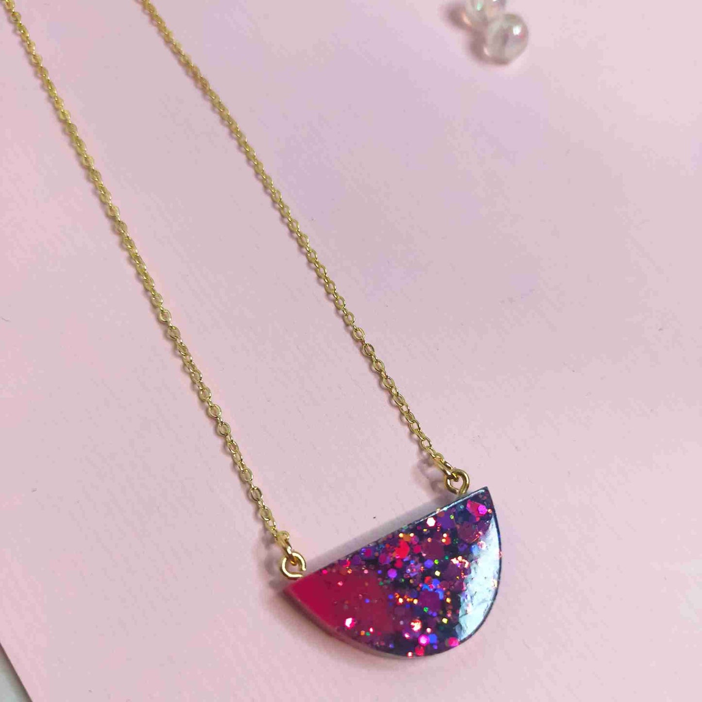 "Raelynn" Half Circle Pink, Blue & Glitter Resin Necklace