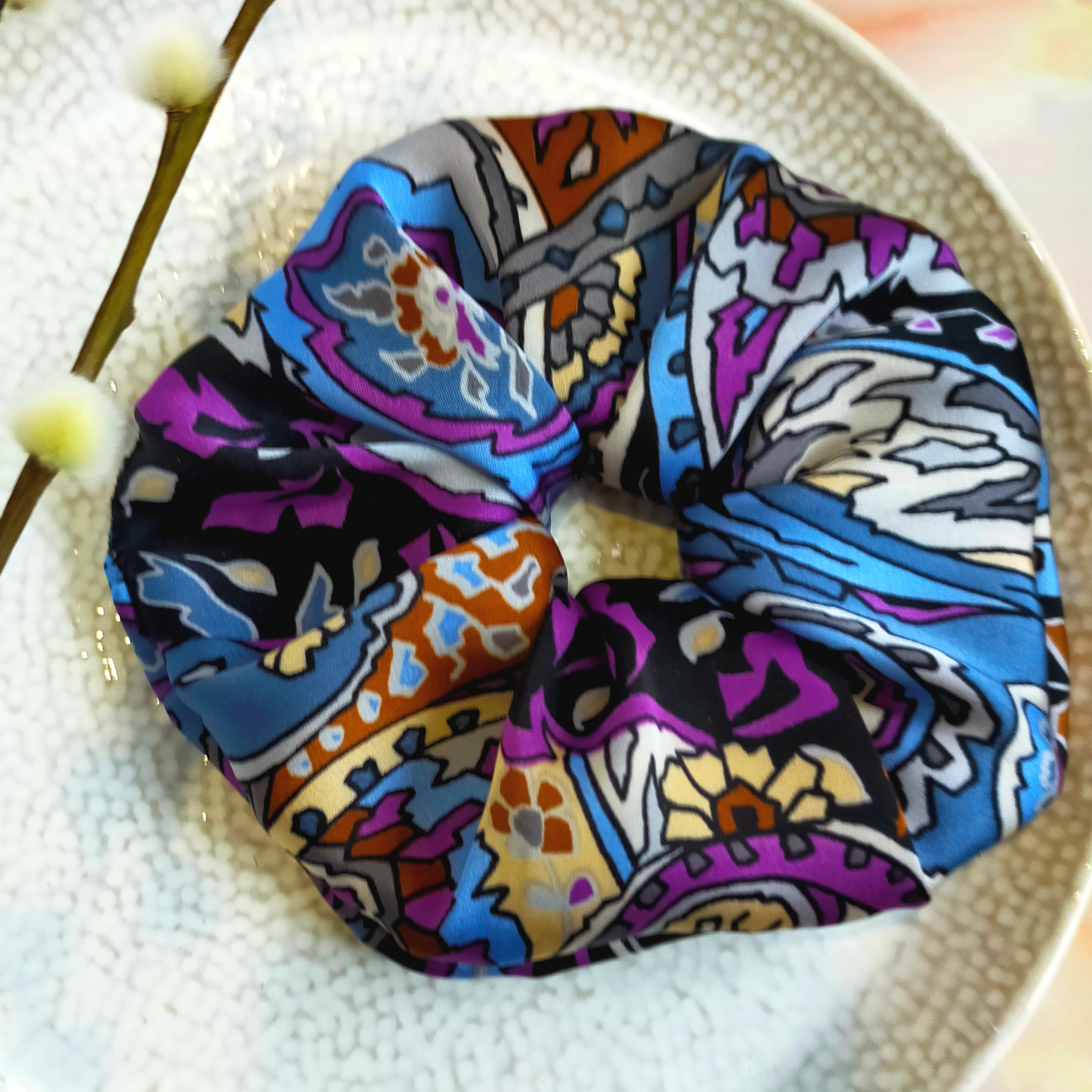 "Sage" Multi Coloured Paisley Print Satin Hair Scrunchie