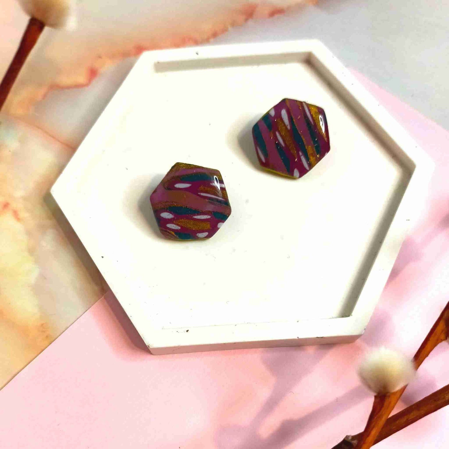 "Tori" Abstract Hex Polymer Clay Stud Earrings