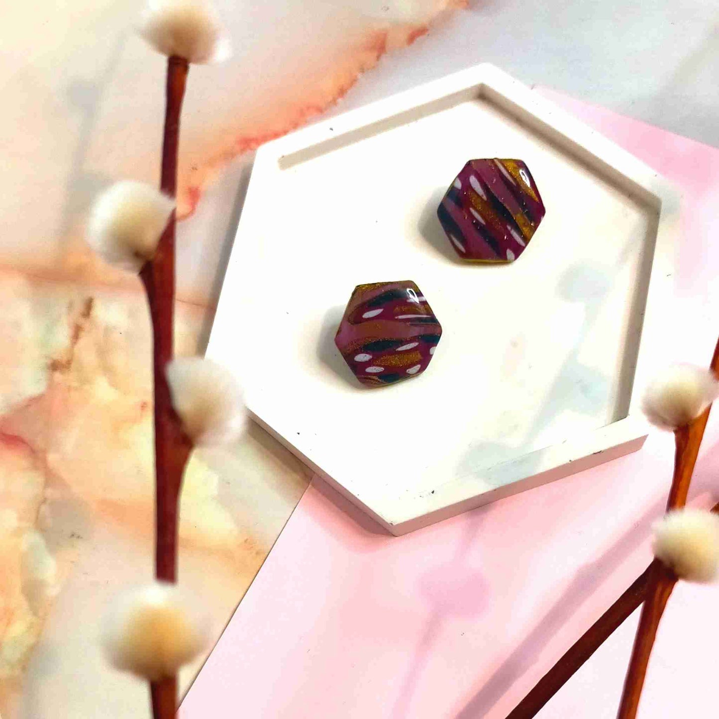 "Tori" Abstract Hex Polymer Clay Stud Earrings