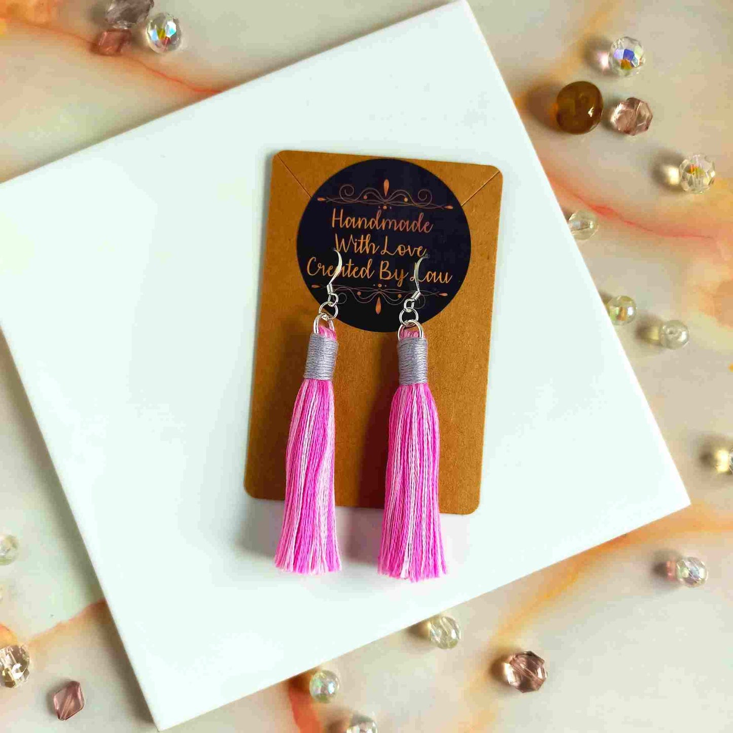 "Aurora" Pink Mix & Mid Grey Cotton Macramé Tassel Earrings