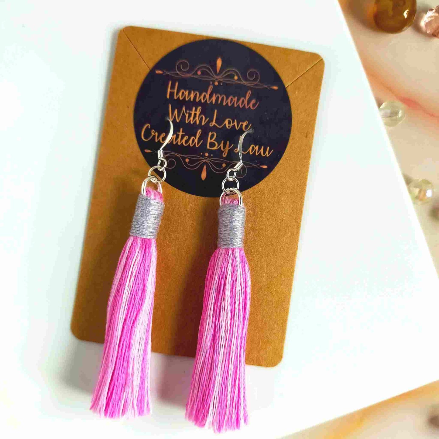 "Aurora" Pink Mix & Mid Grey Cotton Macramé Tassel Earrings