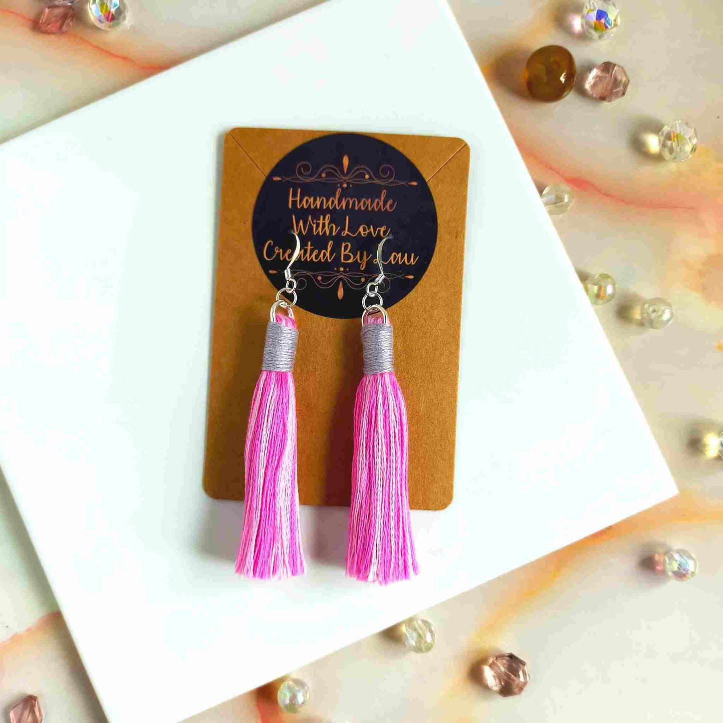 "Aurora" Pink Mix & Mid Grey Cotton Macramé Tassel Earrings