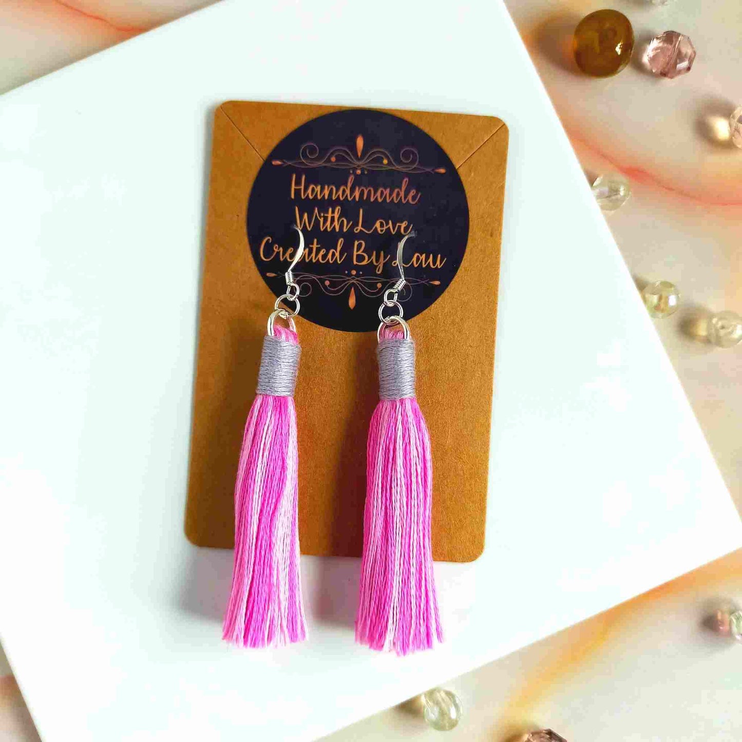 "Aurora" Pink Mix & Mid Grey Cotton Macramé Tassel Earrings