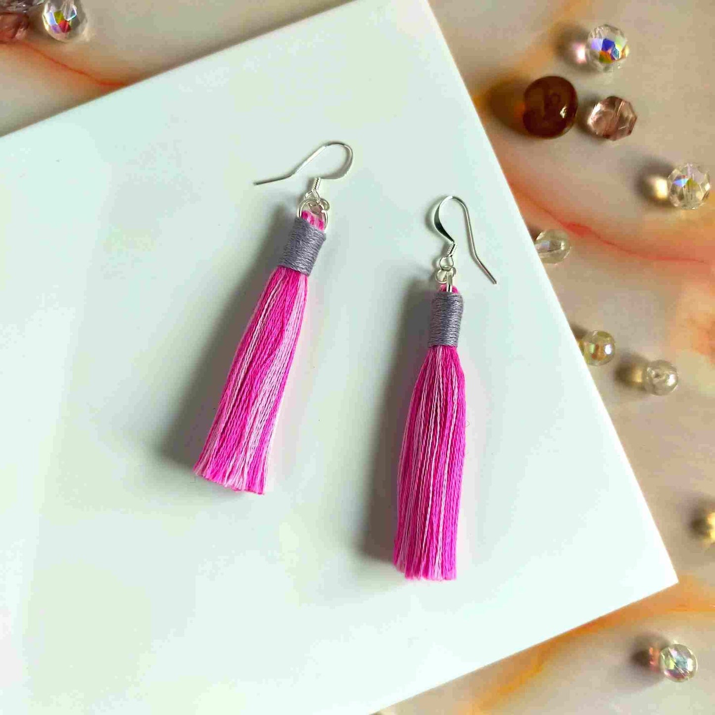 "Aurora" Pink Mix & Mid Grey Cotton Macramé Tassel Earrings