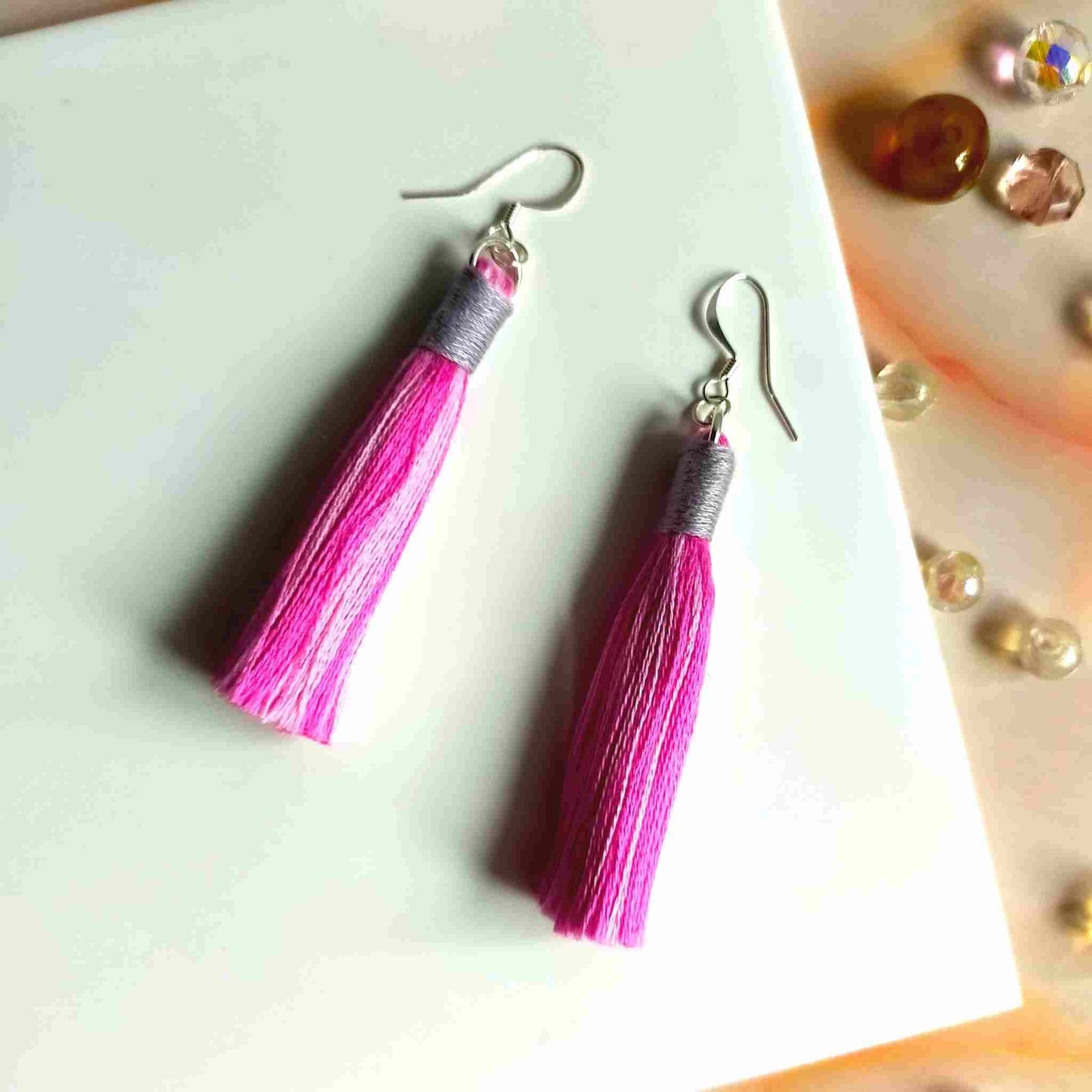 "Aurora" Pink Mix & Mid Grey Cotton Macramé Tassel Earrings