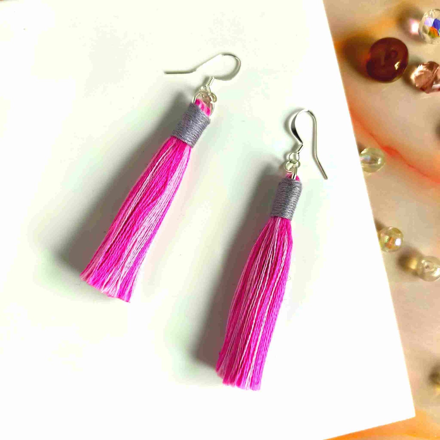 "Aurora" Pink Mix & Mid Grey Cotton Macramé Tassel Earrings