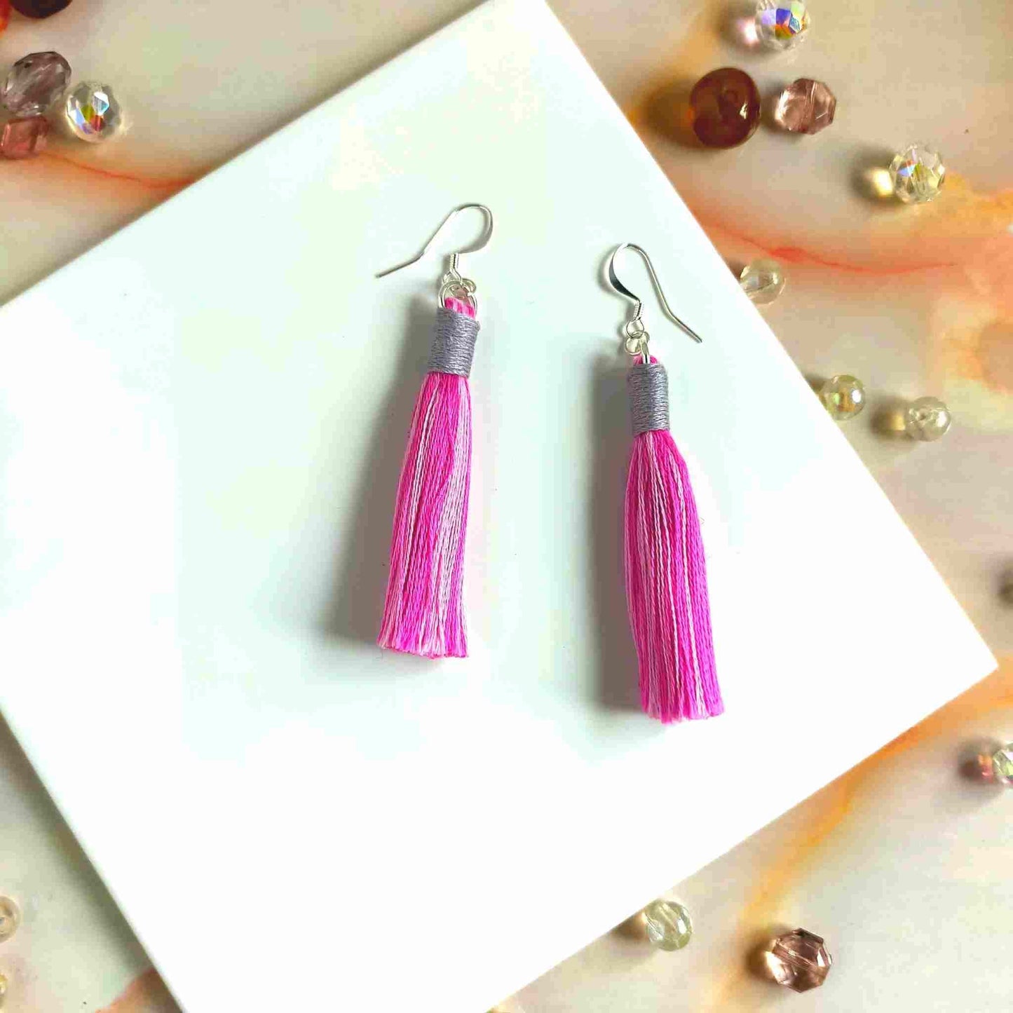 "Aurora" Pink Mix & Mid Grey Cotton Macramé Tassel Earrings