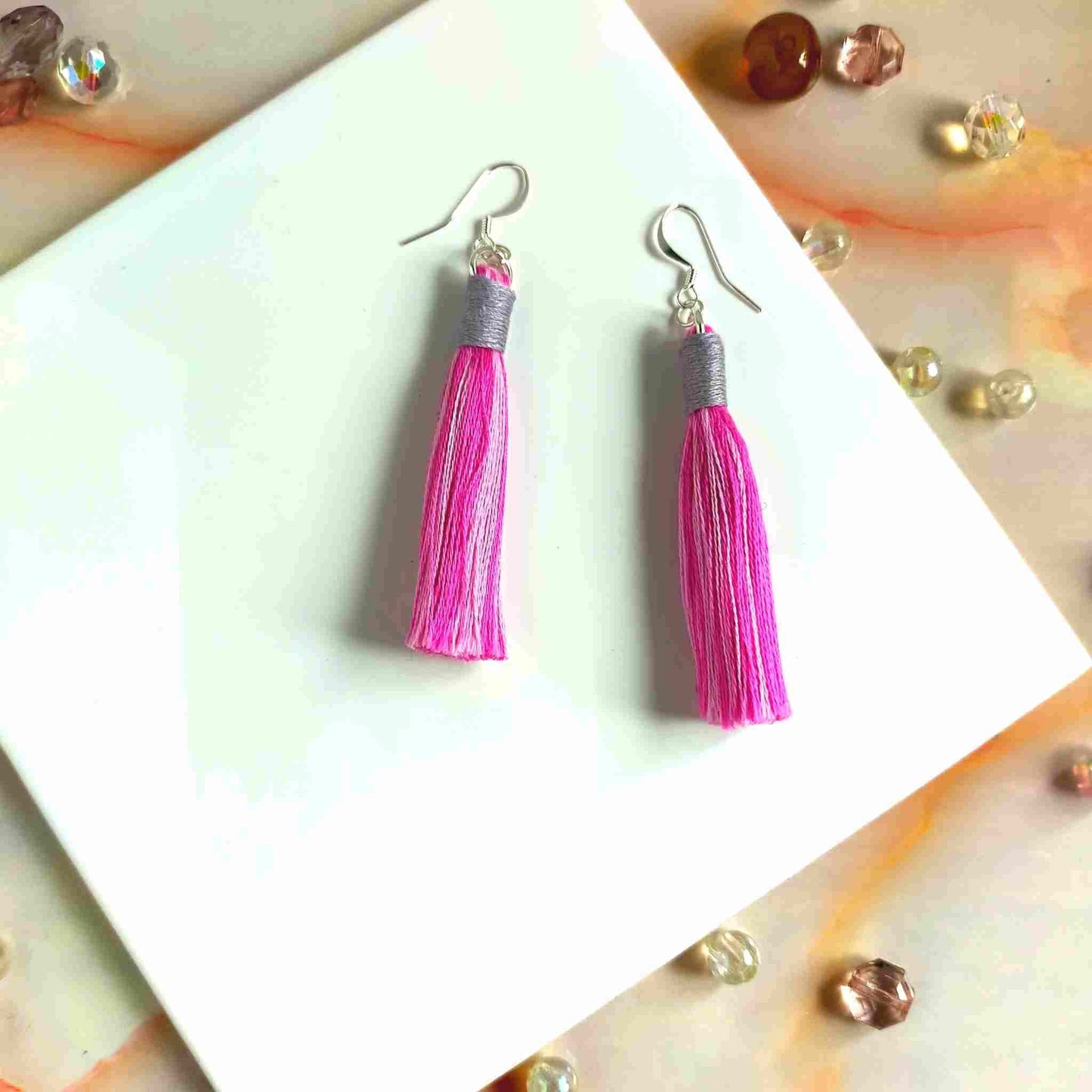 "Aurora" Pink Mix & Mid Grey Cotton Macramé Tassel Earrings