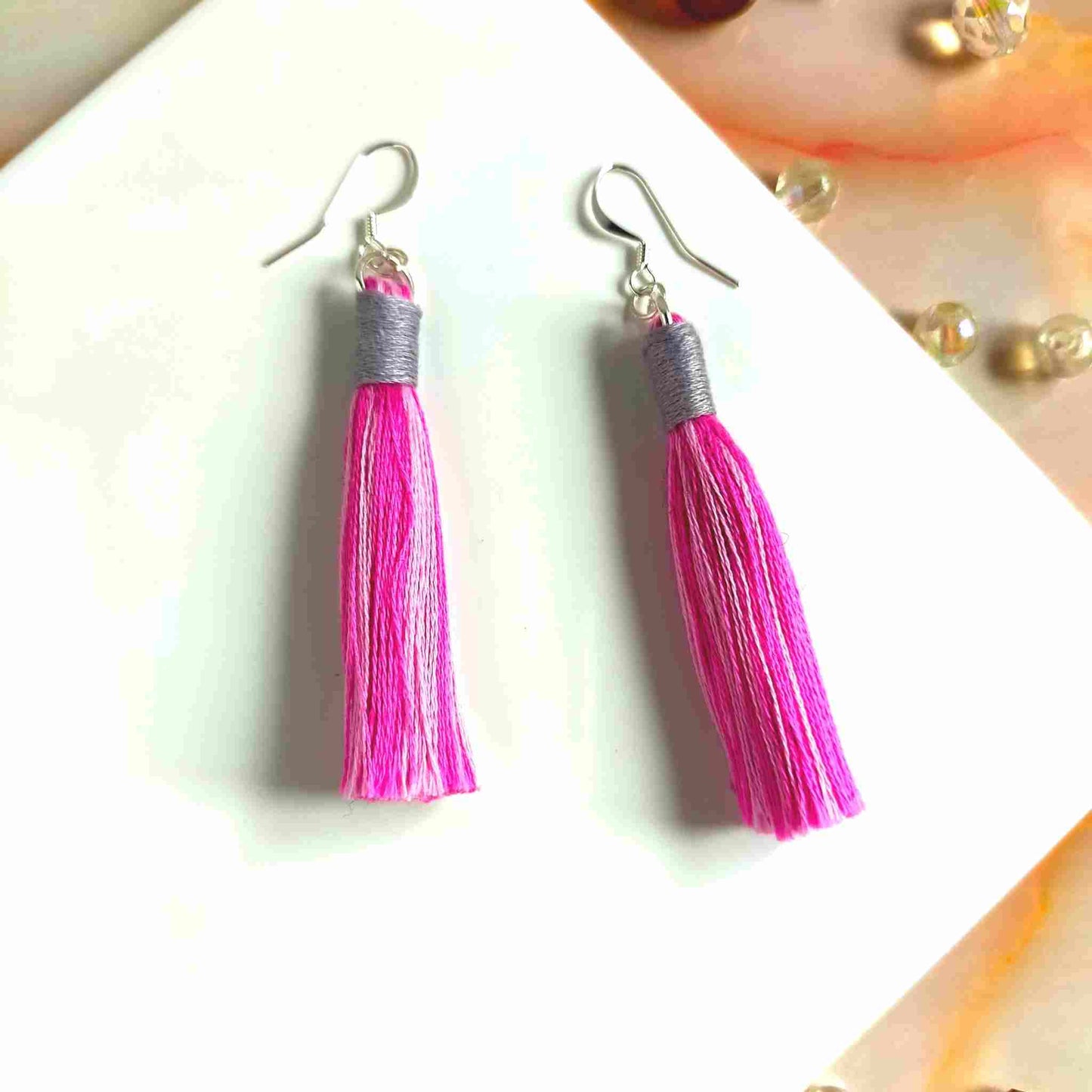 "Aurora" Pink Mix & Mid Grey Cotton Macramé Tassel Earrings