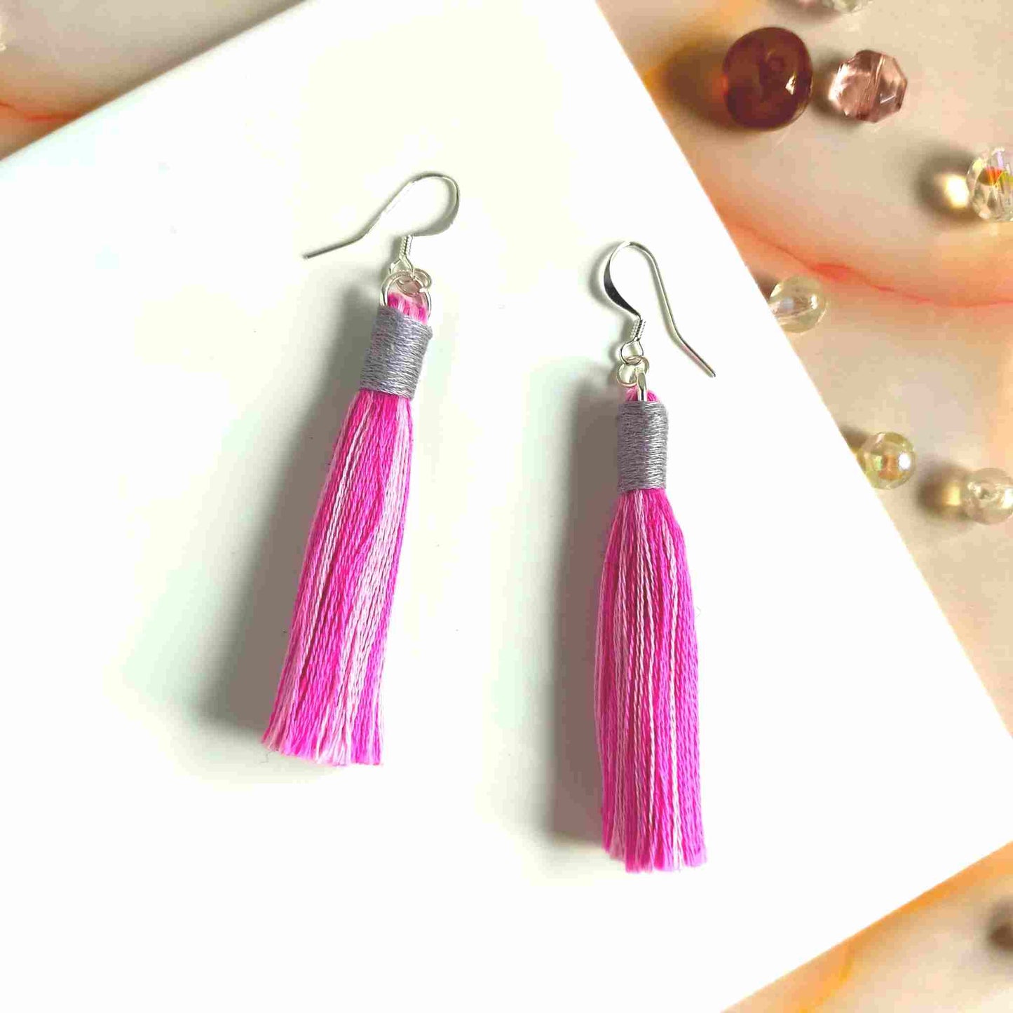 "Aurora" Pink Mix & Mid Grey Cotton Macramé Tassel Earrings