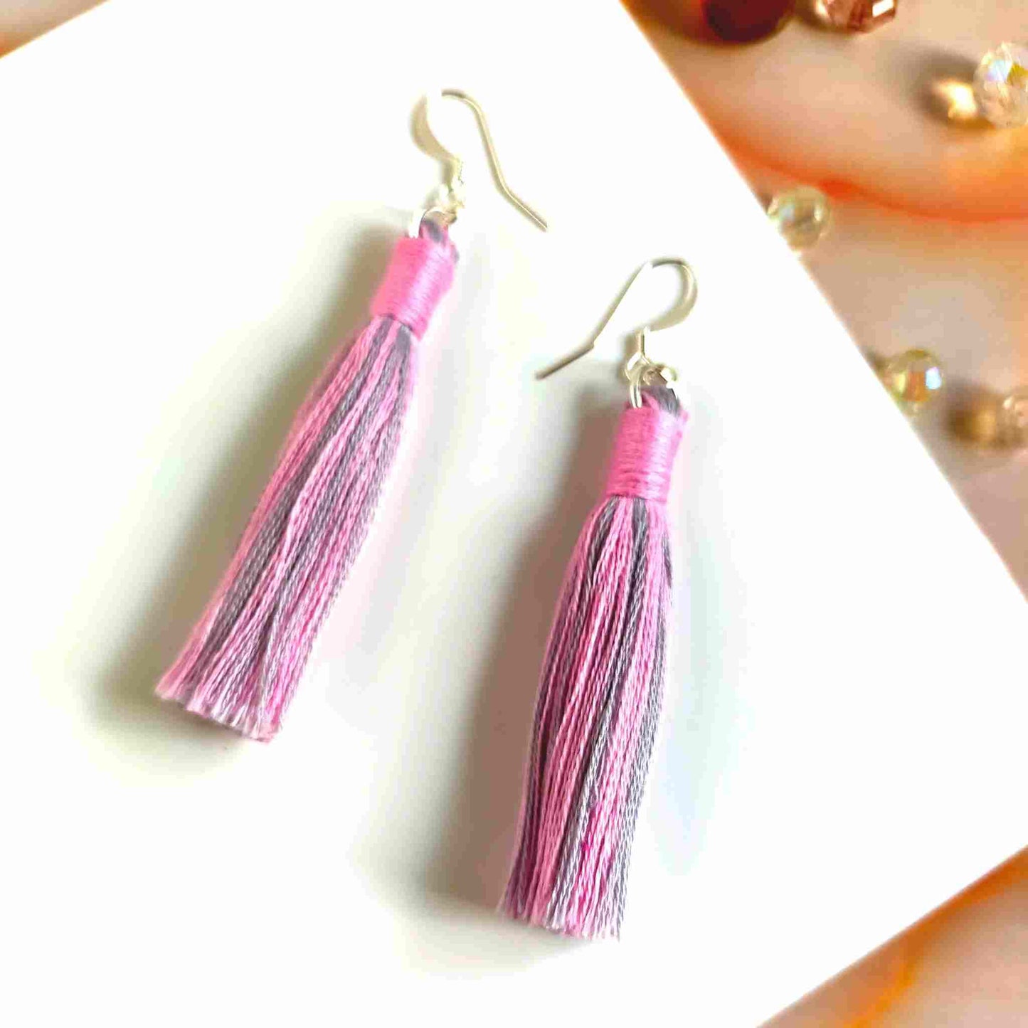 "Aurora" Pink & Grey Cotton Macramé Tassel Earrings
