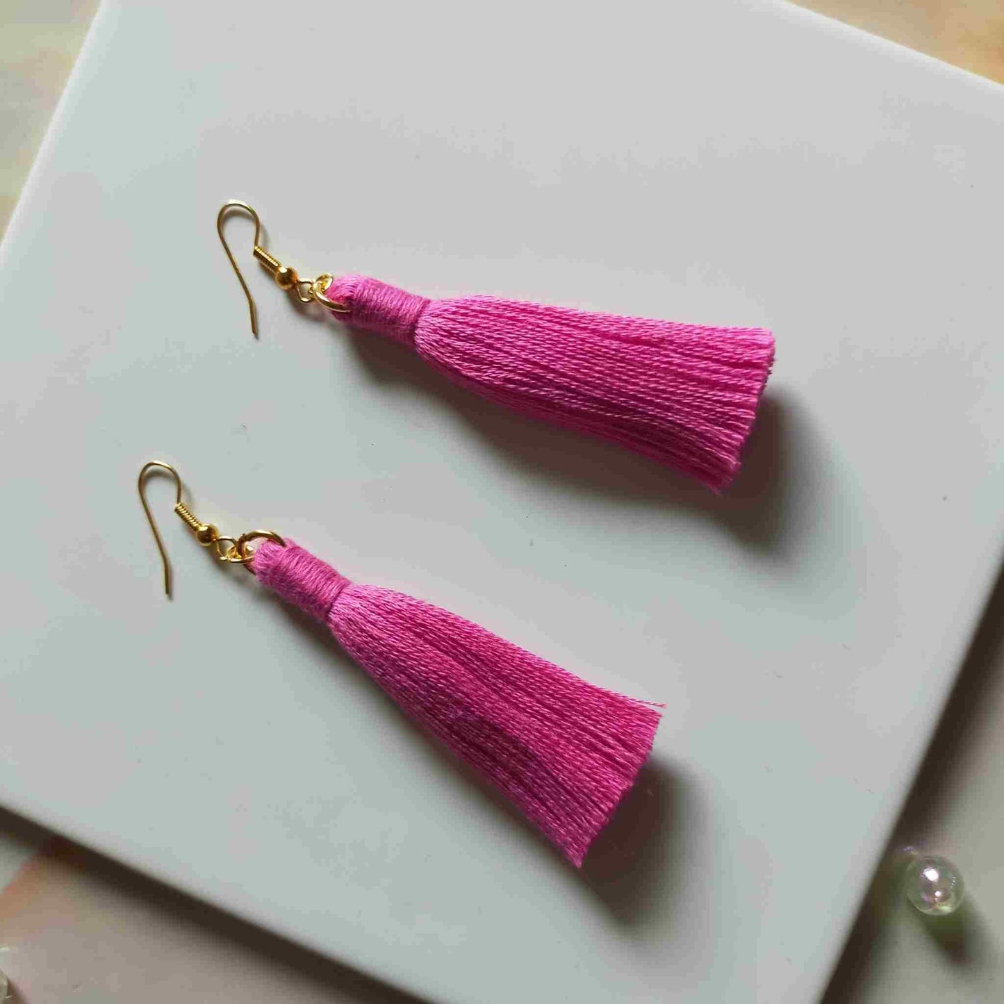 "Lia" Bright Pink Gold Plated Macrame Tassel Earrings