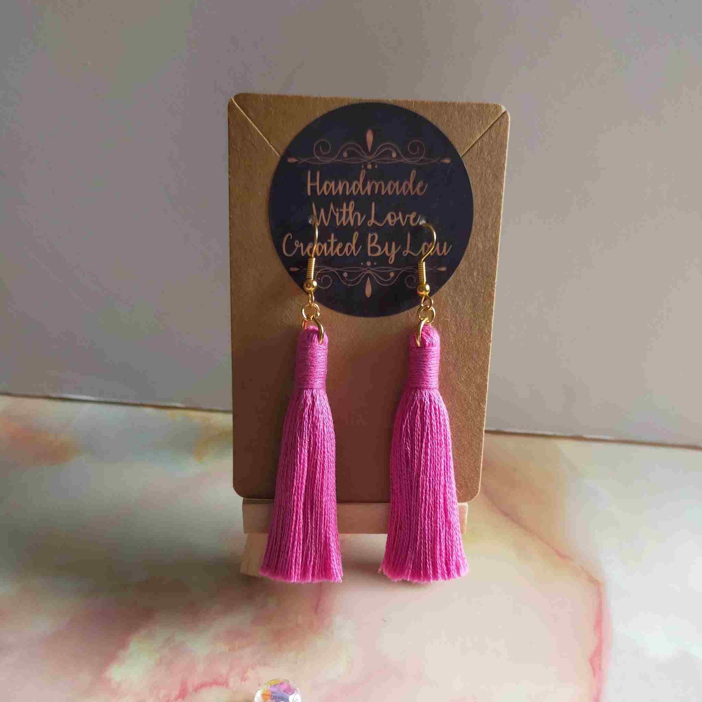 "Lia" Bright Pink Gold Plated Macrame Tassel Earrings