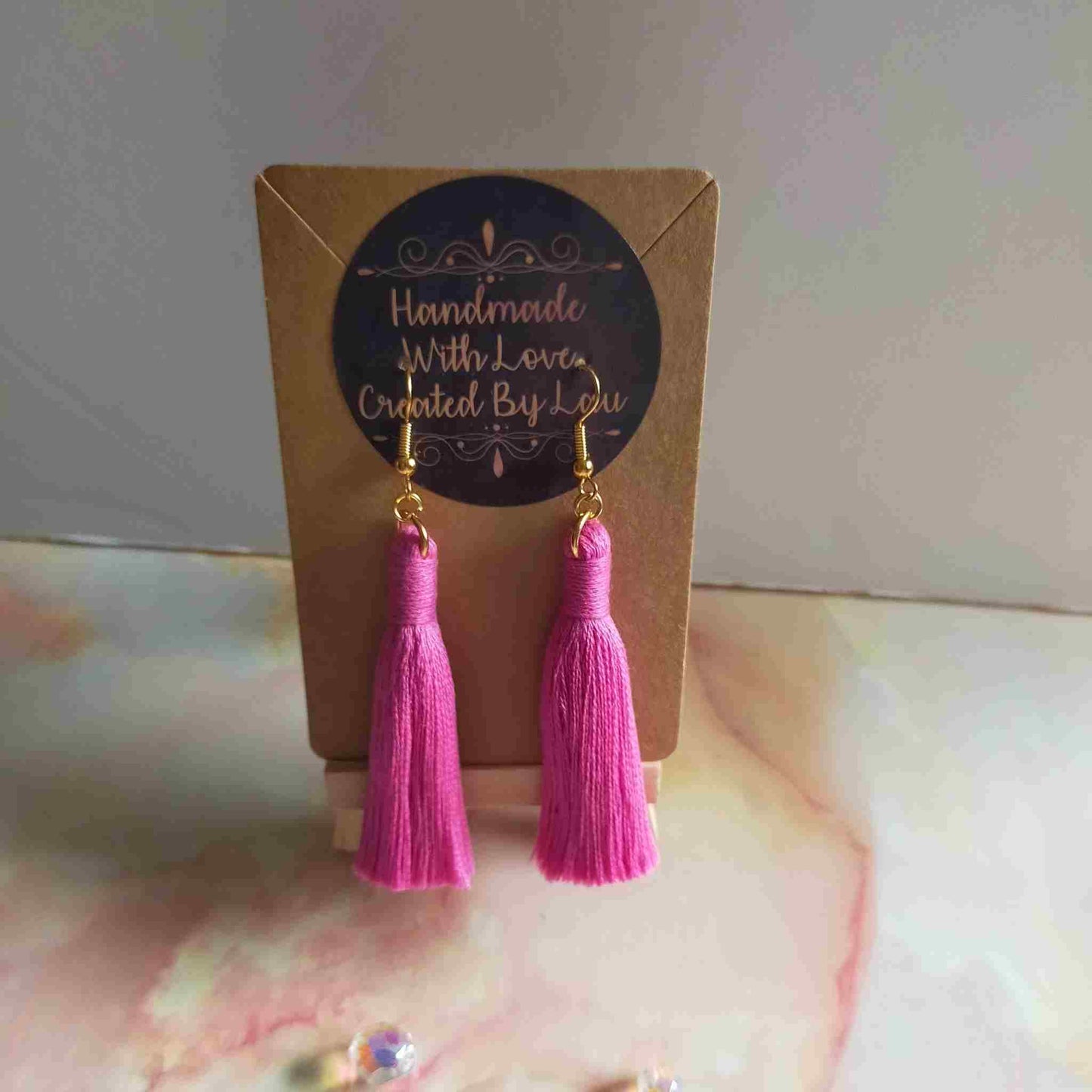 "Lia" Bright Pink Gold Plated Macrame Tassel Earrings