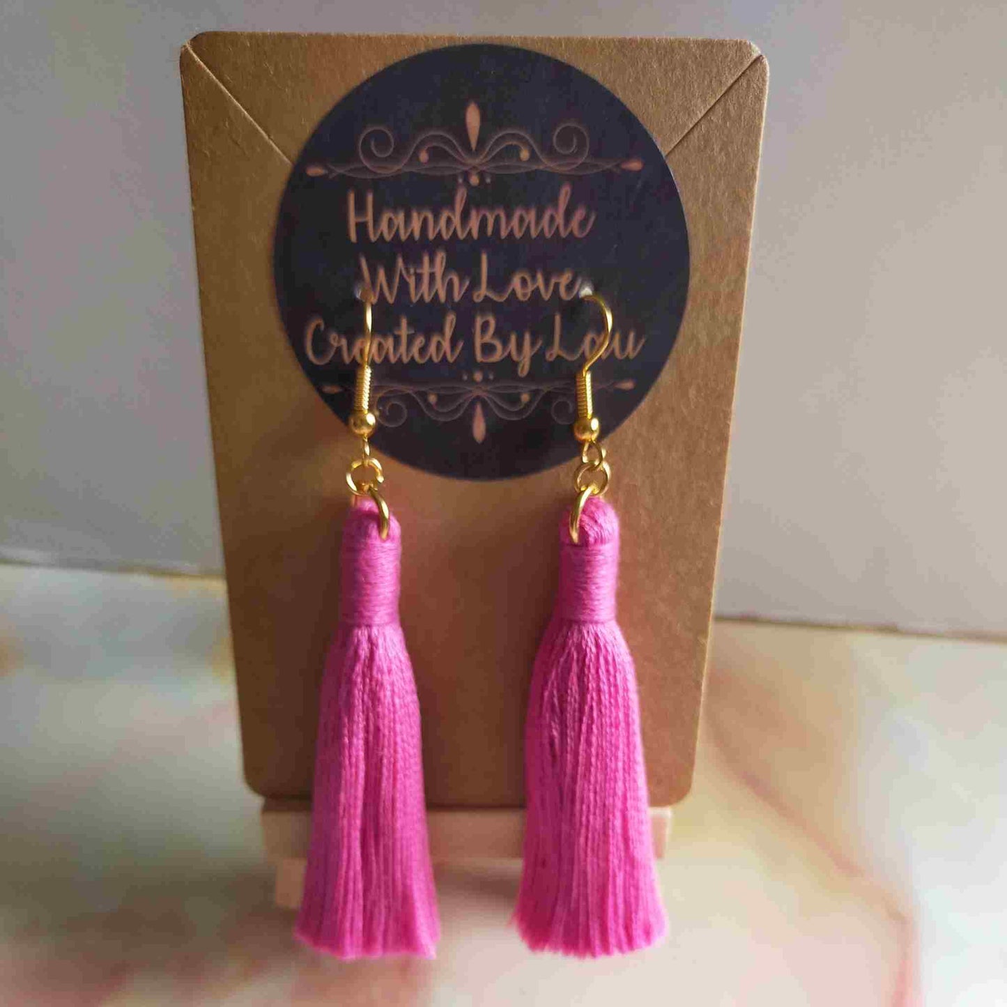 "Lia" Bright Pink Gold Plated Macrame Tassel Earrings