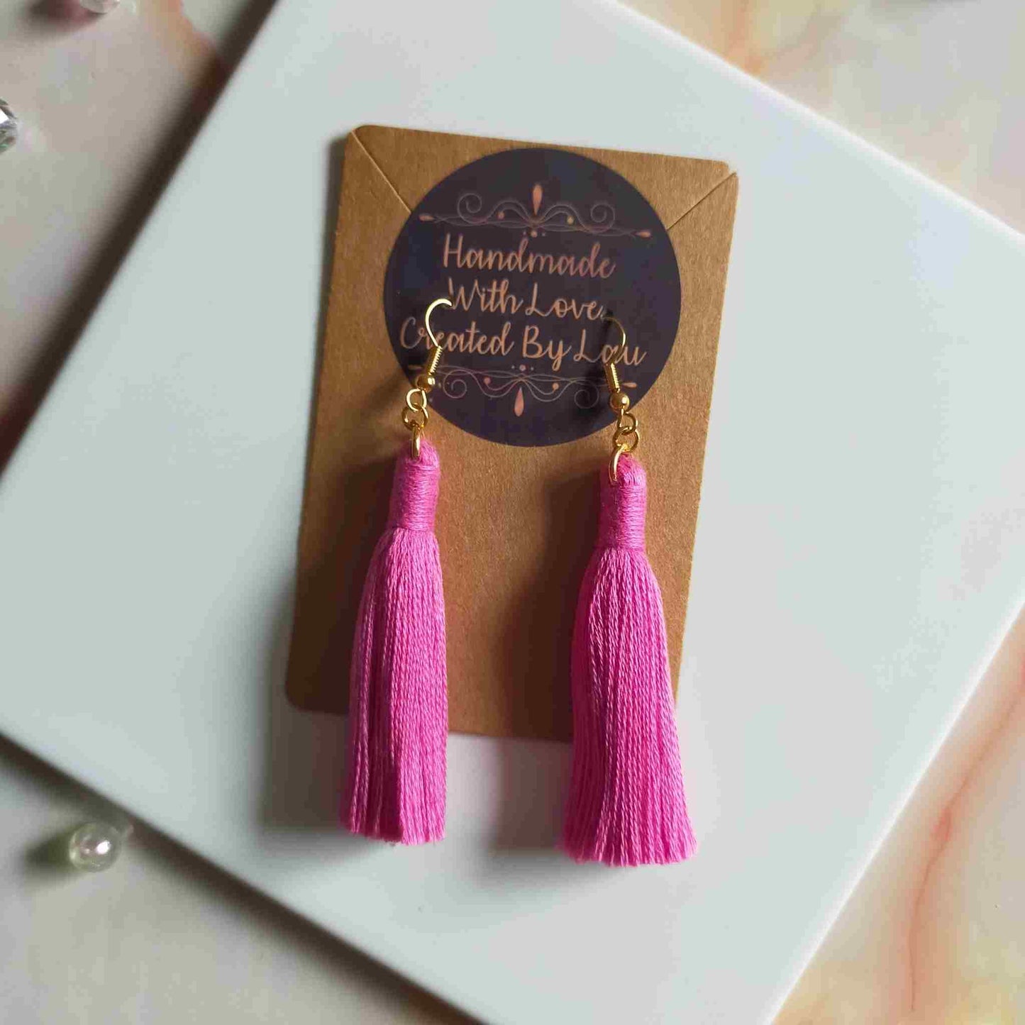 "Lia" Bright Pink Gold Plated Macrame Tassel Earrings