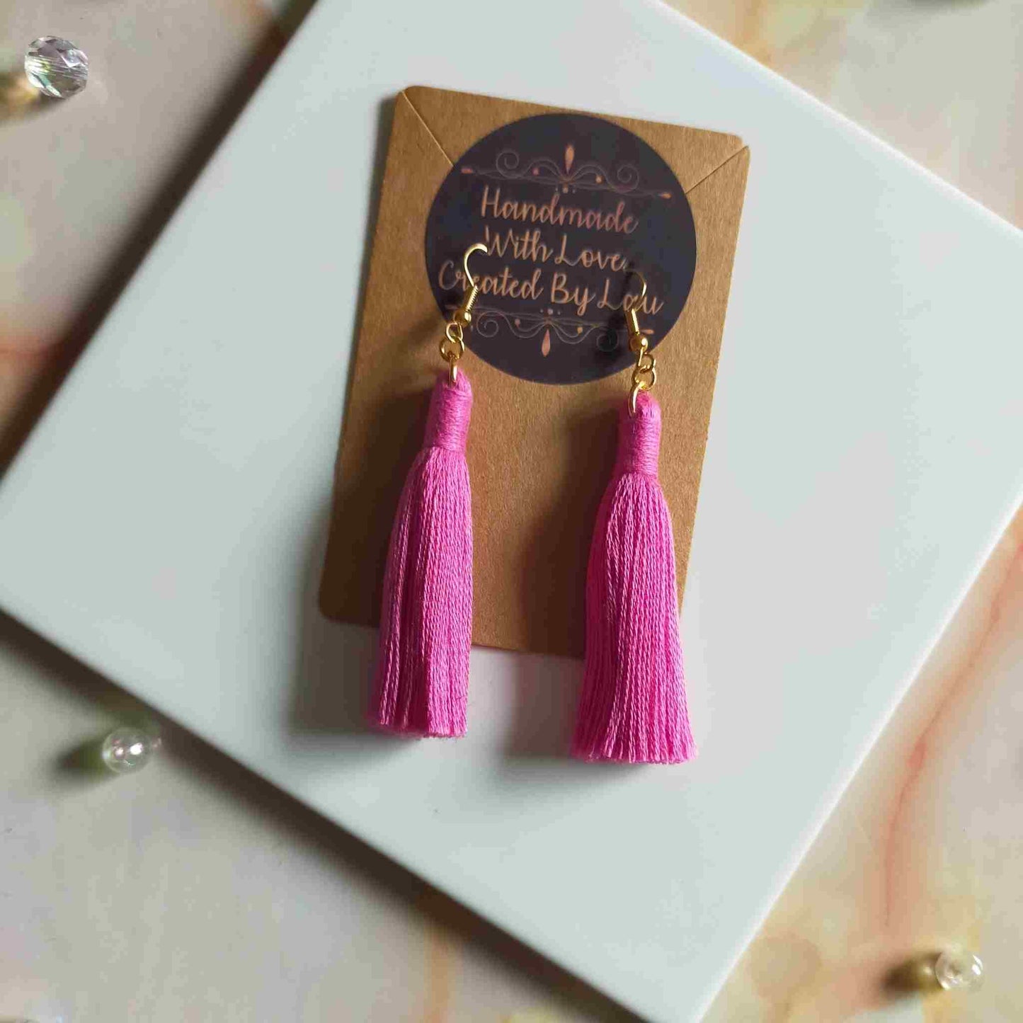 "Lia" Bright Pink Gold Plated Macrame Tassel Earrings