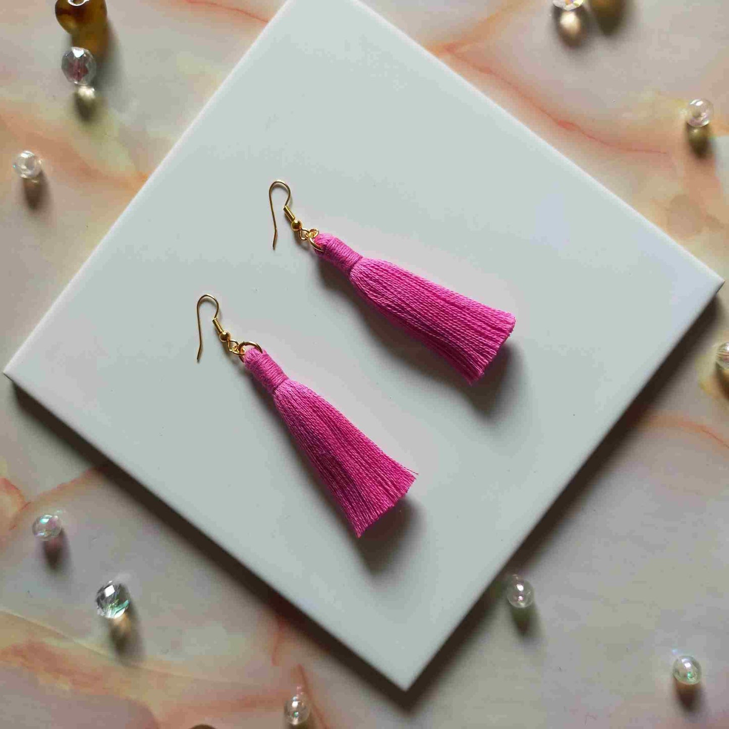 "Lia" Bright Pink Gold Plated Macrame Tassel Earrings