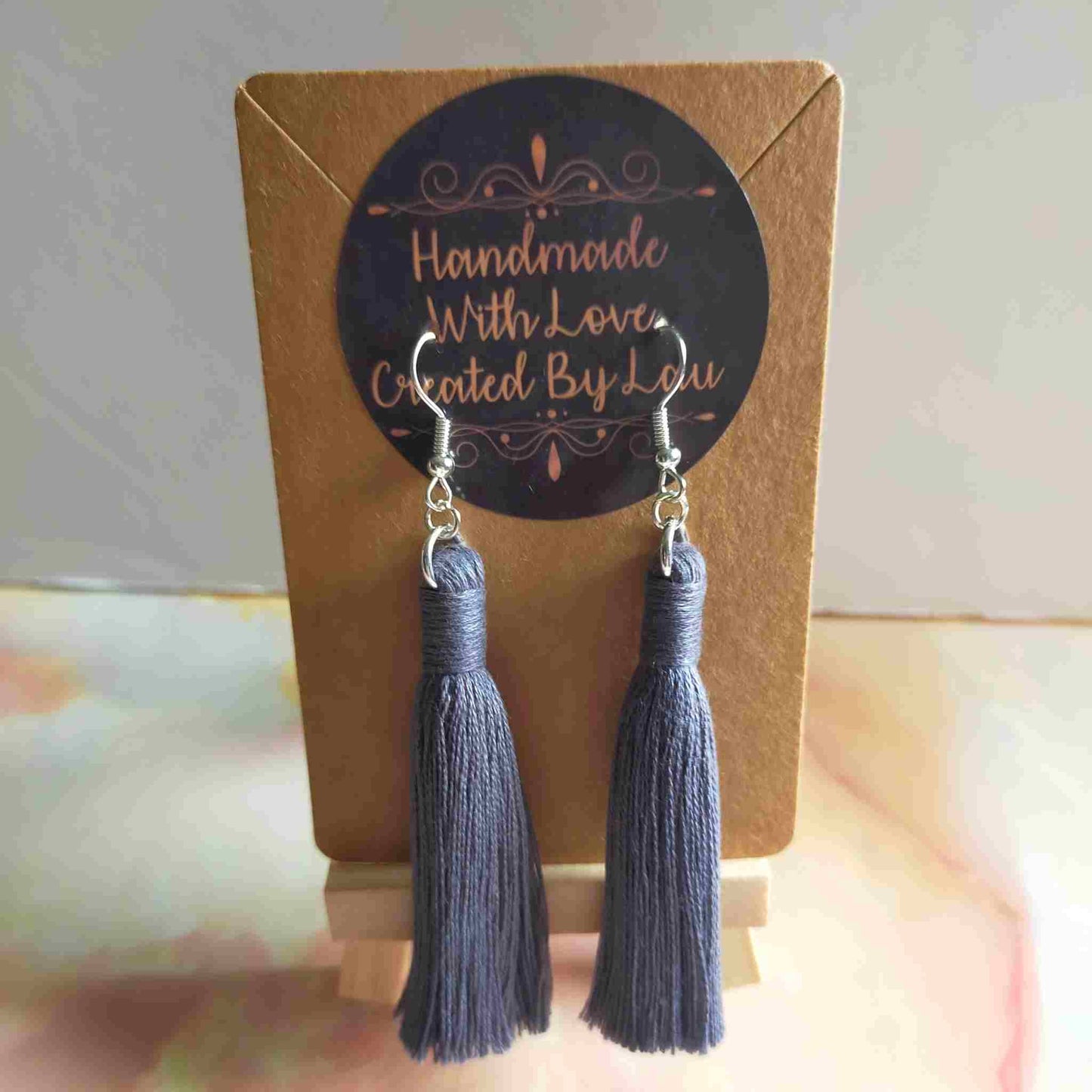 "Lia" Grey Silver Plated Cotton Macramé Tassel Earrings