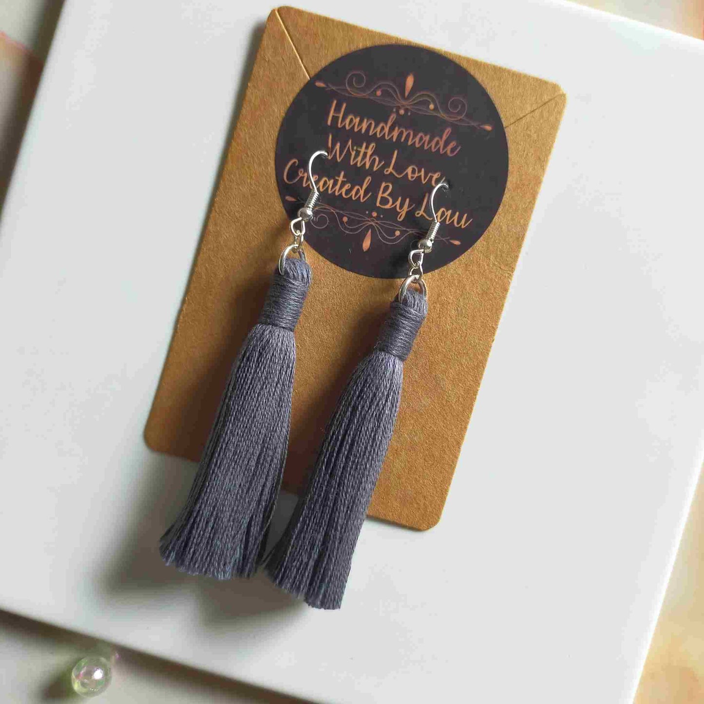 "Lia" Grey Silver Plated Cotton Macramé Tassel Earrings