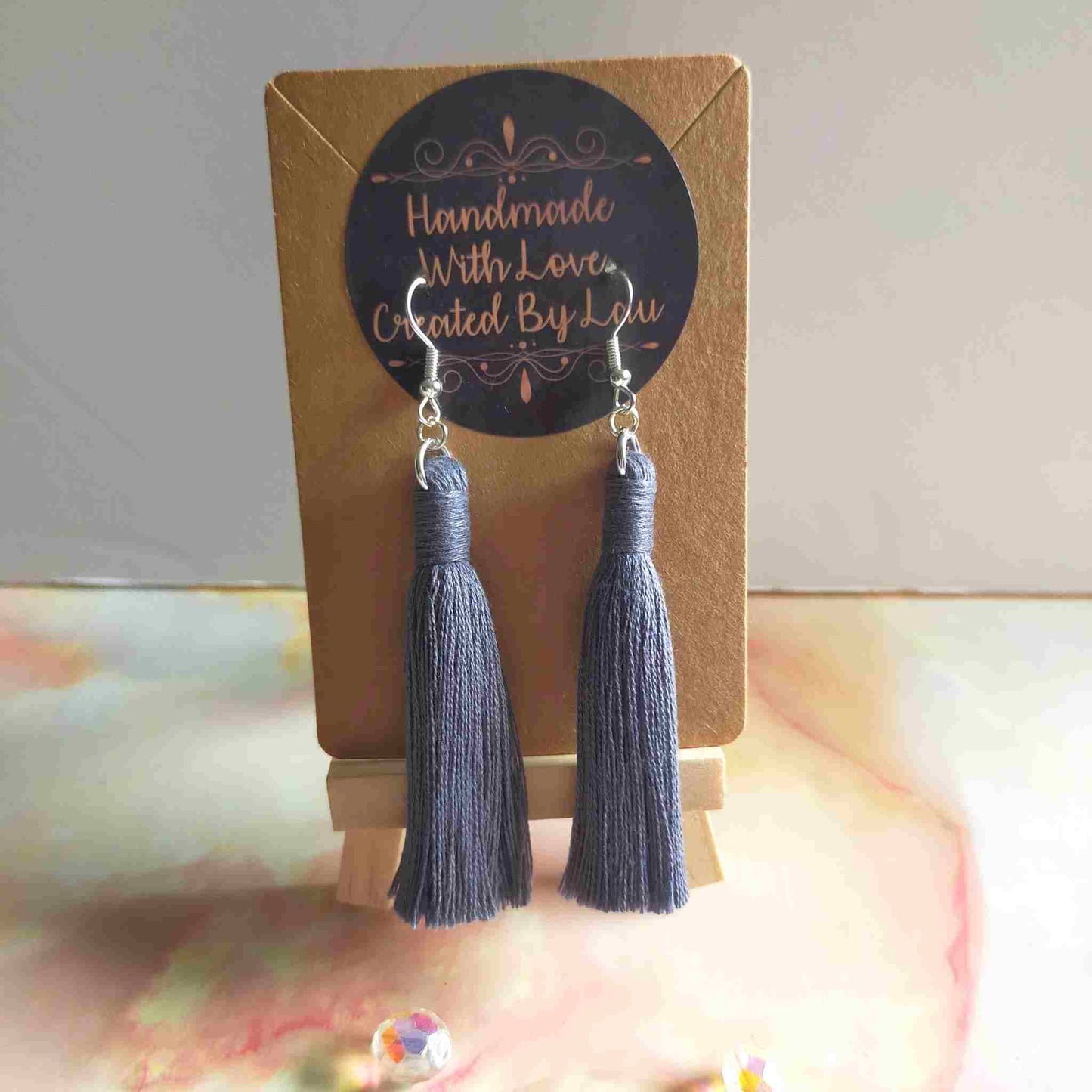 "Lia" Grey Silver Plated Cotton Macramé Tassel Earrings