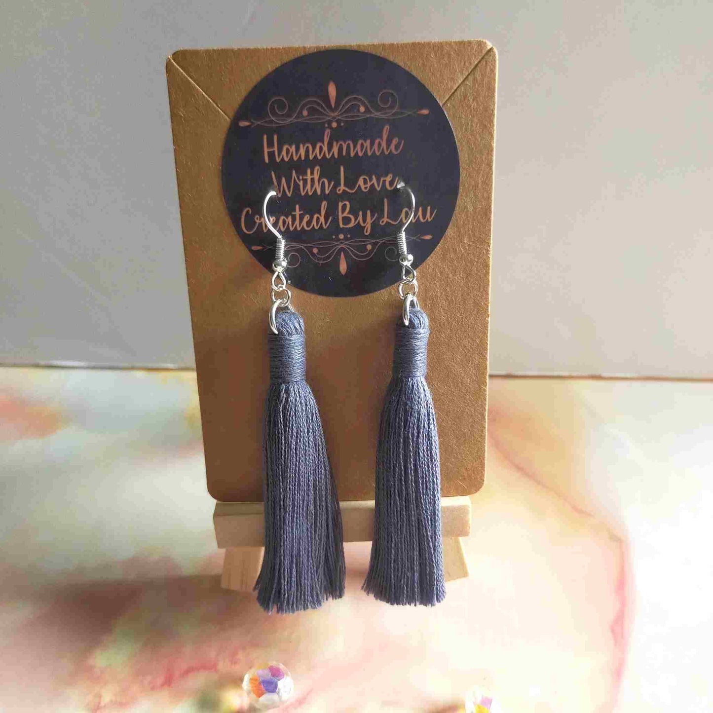 "Lia" Grey Silver Plated Cotton Macramé Tassel Earrings