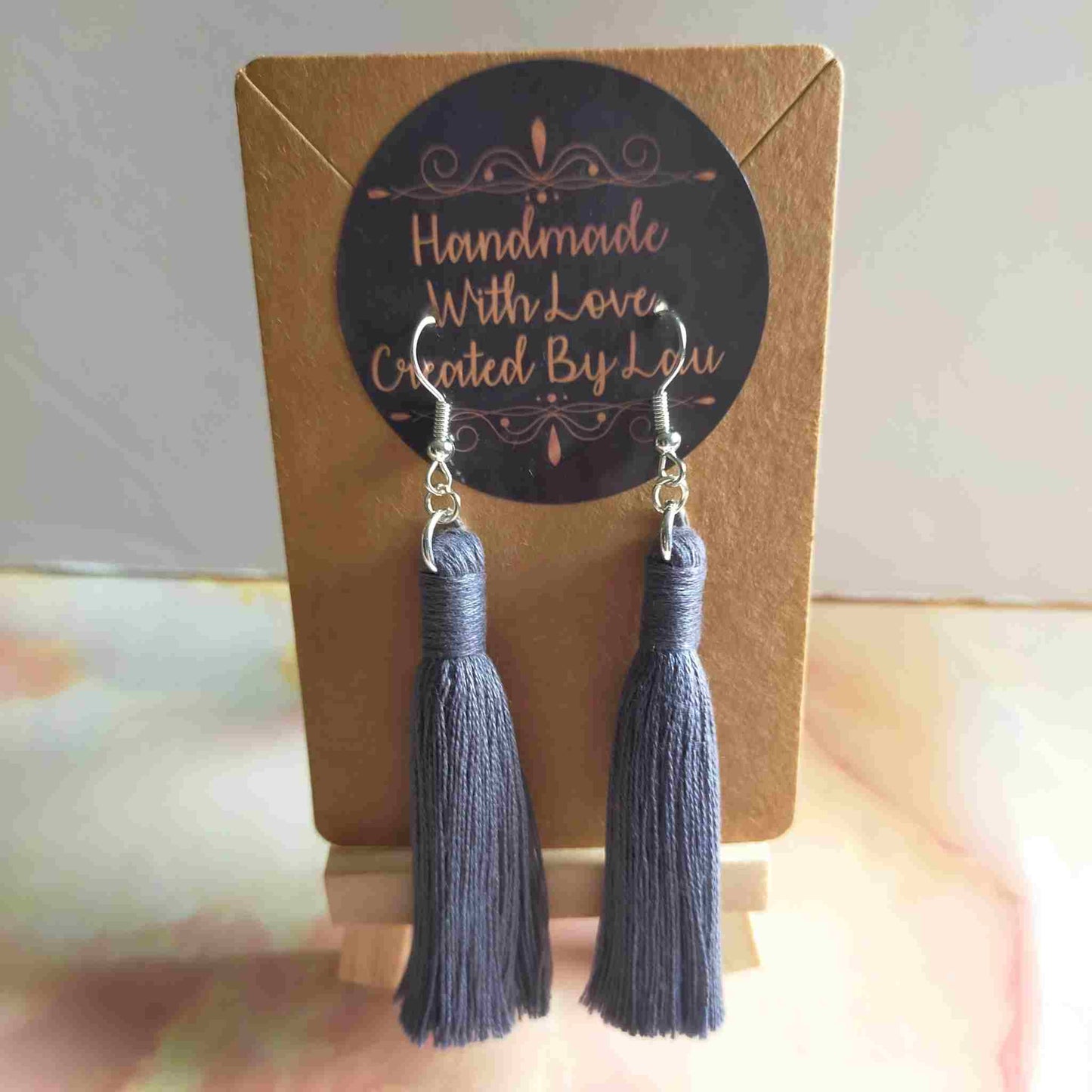 "Lia" Grey Silver Plated Cotton Macramé Tassel Earrings