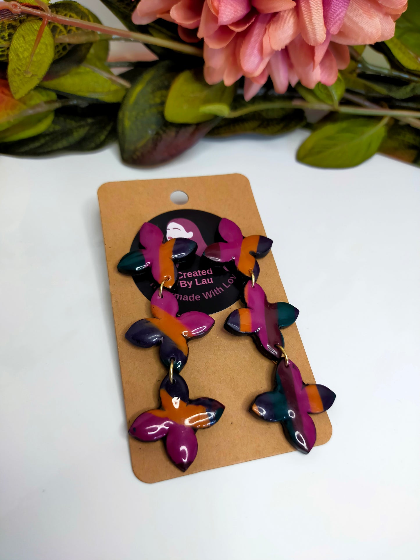 "Hazel" 3 Flower Chain Polymer Clay Earrings