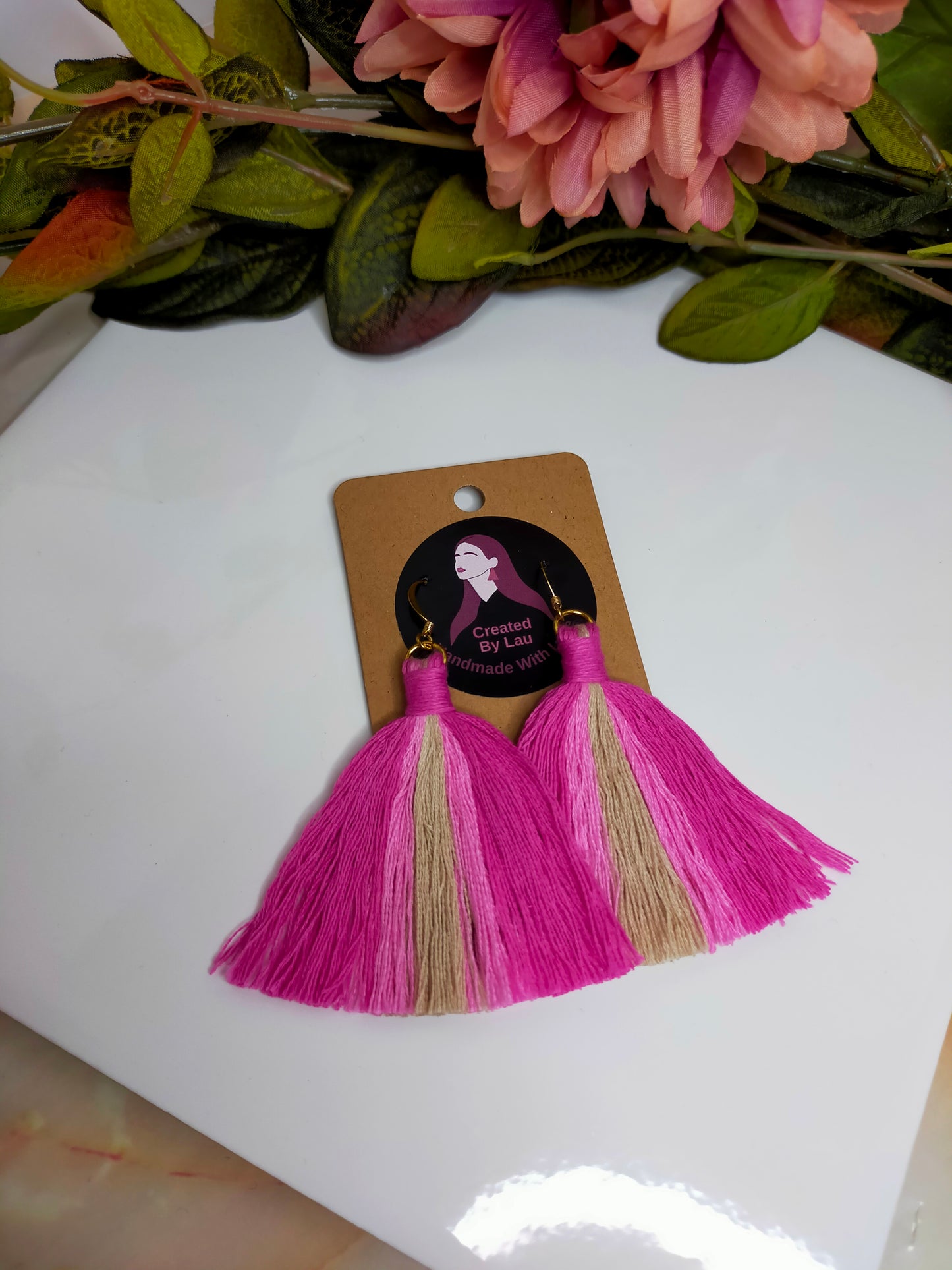"Ivanna" Pink and Beige Striped Tassel Earrings Gold Plated