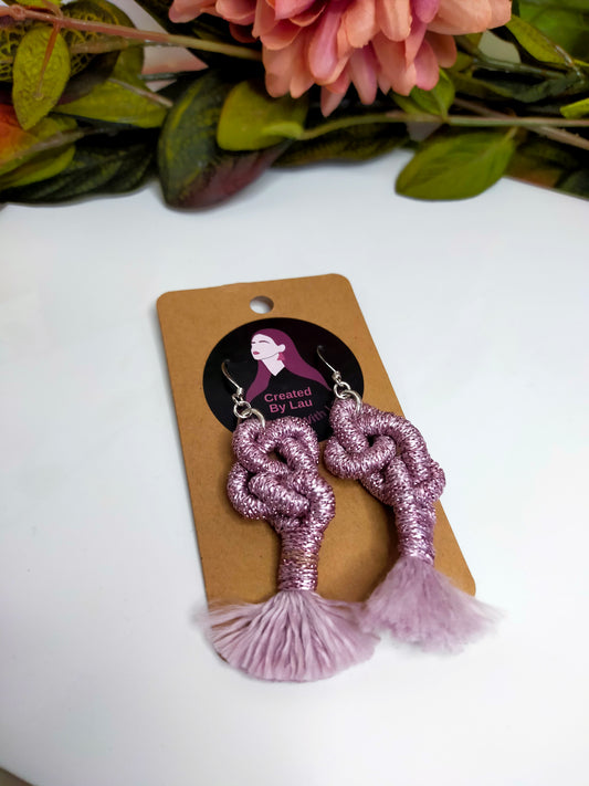 "Oaklyn" Pink Metallic Loop Knot Macrame Tassel Earrings Silver Plated