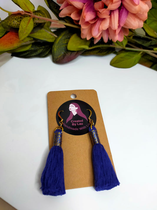 "Kaylee Mini" Denim Blue Tassel Earrings with Metallic Wrap