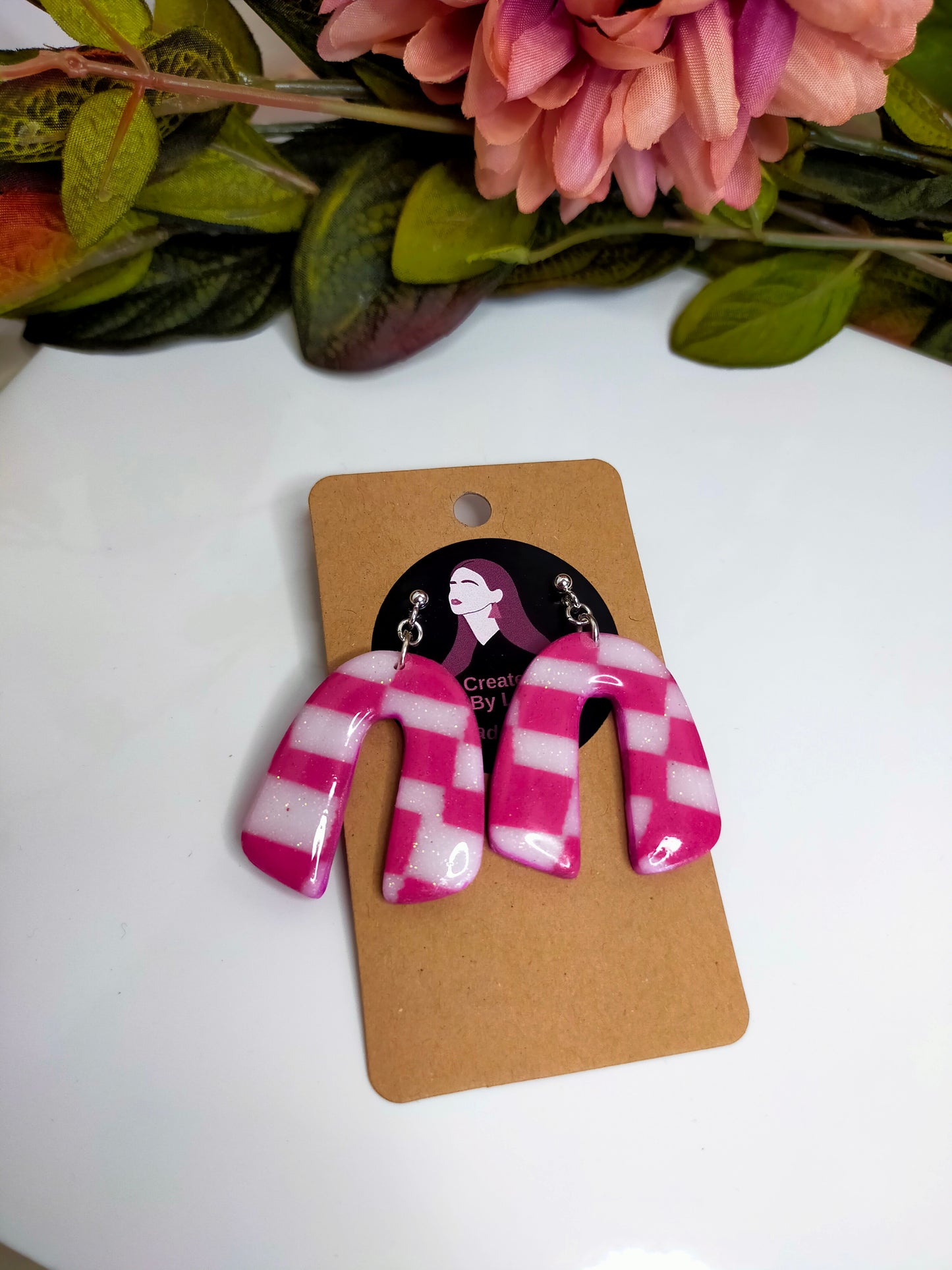 "Martha" Pink & White Checkerboard Arch Earrings