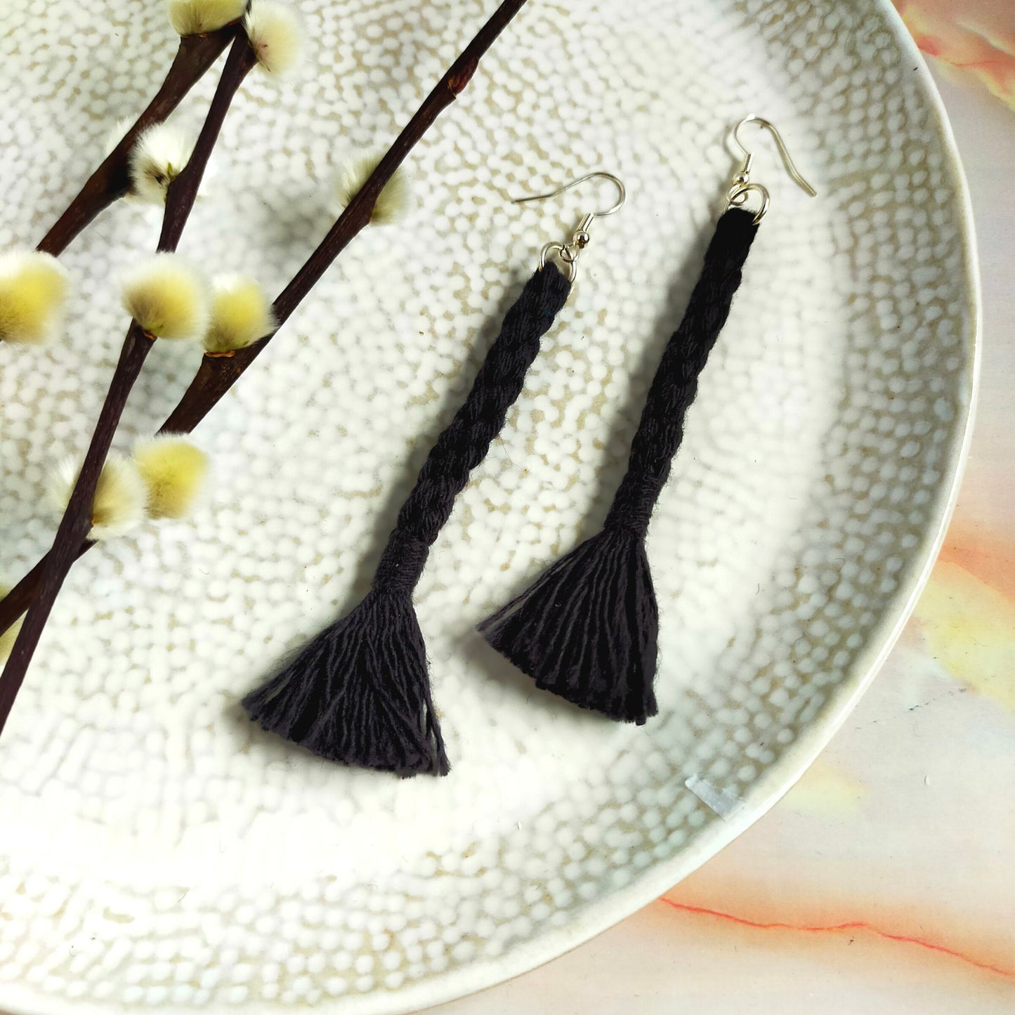 "Bree" Black Macramé Loop Tassel Silver Plated Earrings