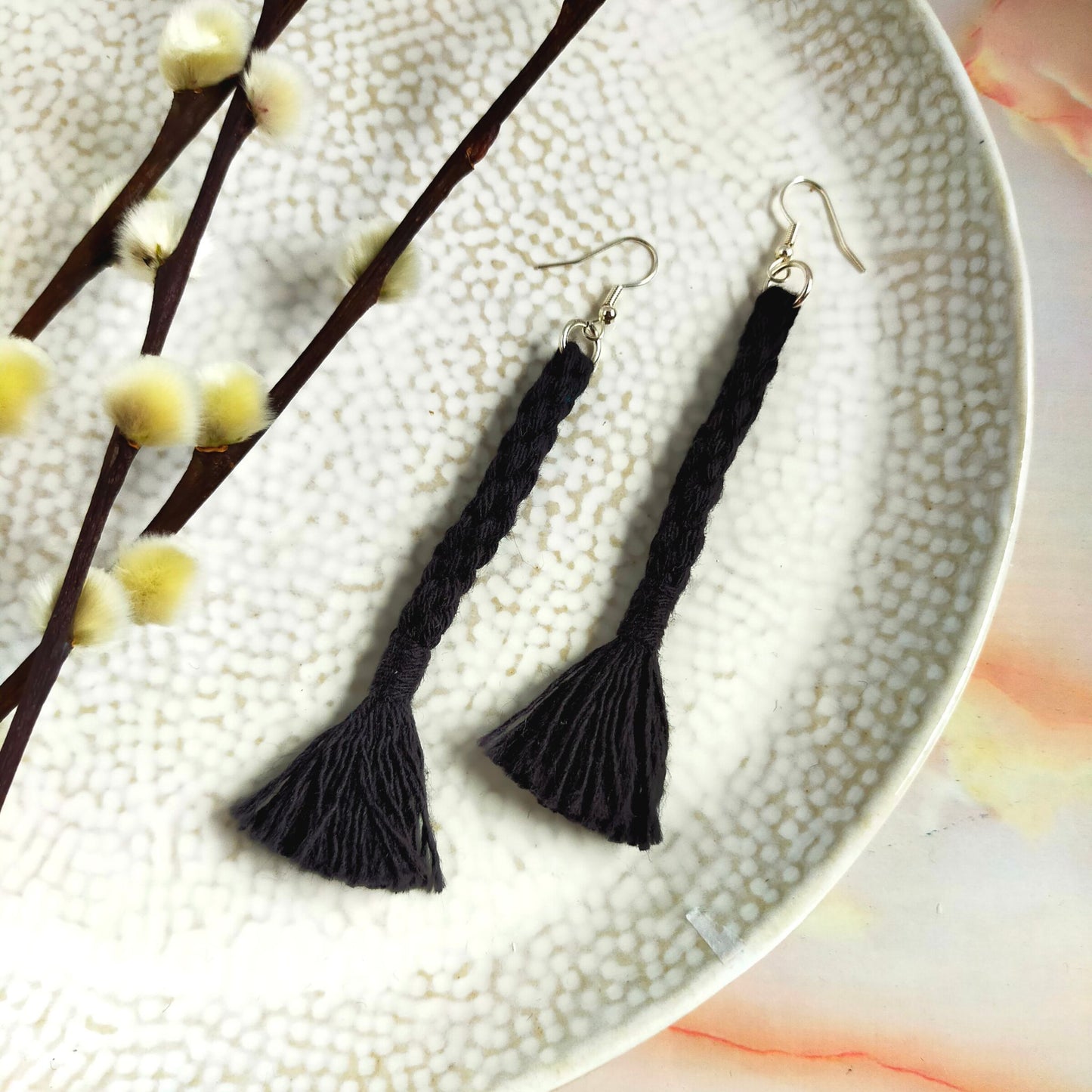 "Bree" Black Macramé Loop Tassel Silver Plated Earrings