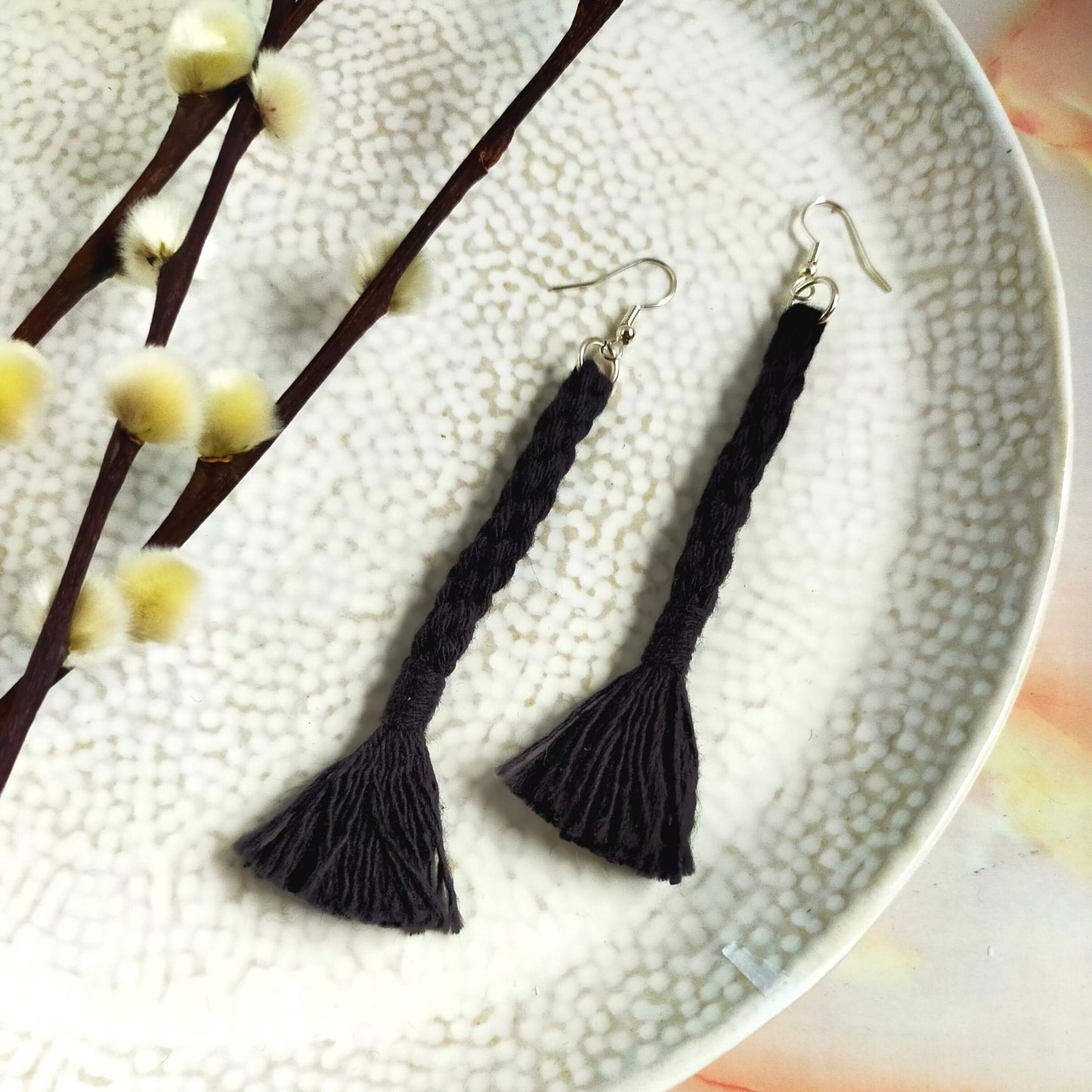 "Bree" Black Macramé Loop Tassel Silver Plated Earrings