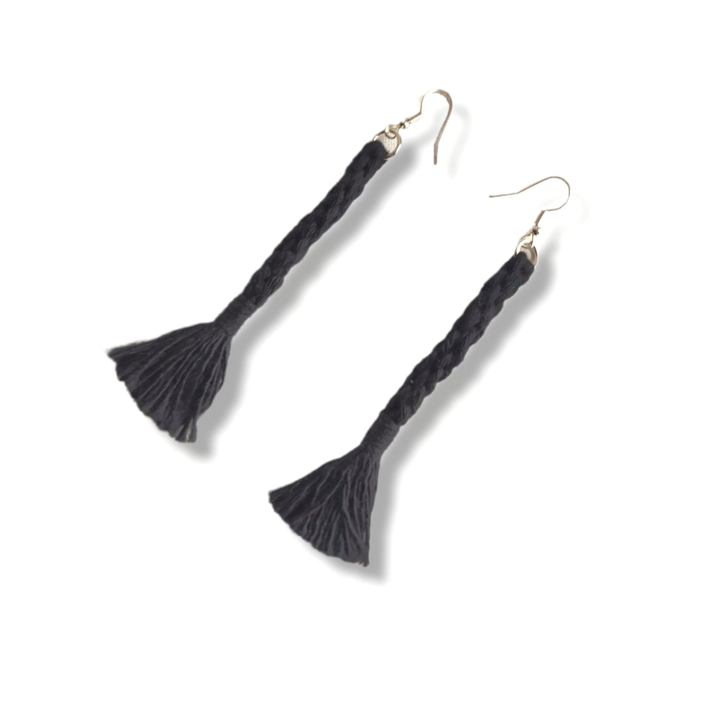 "Bree" Black Macramé Loop Tassel Silver Plated Earrings