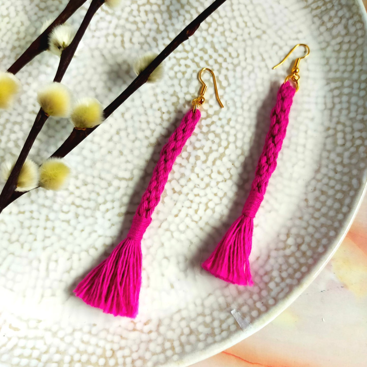 "Bree" Pink Macramé Loop Tassel Gold Plated Earrings