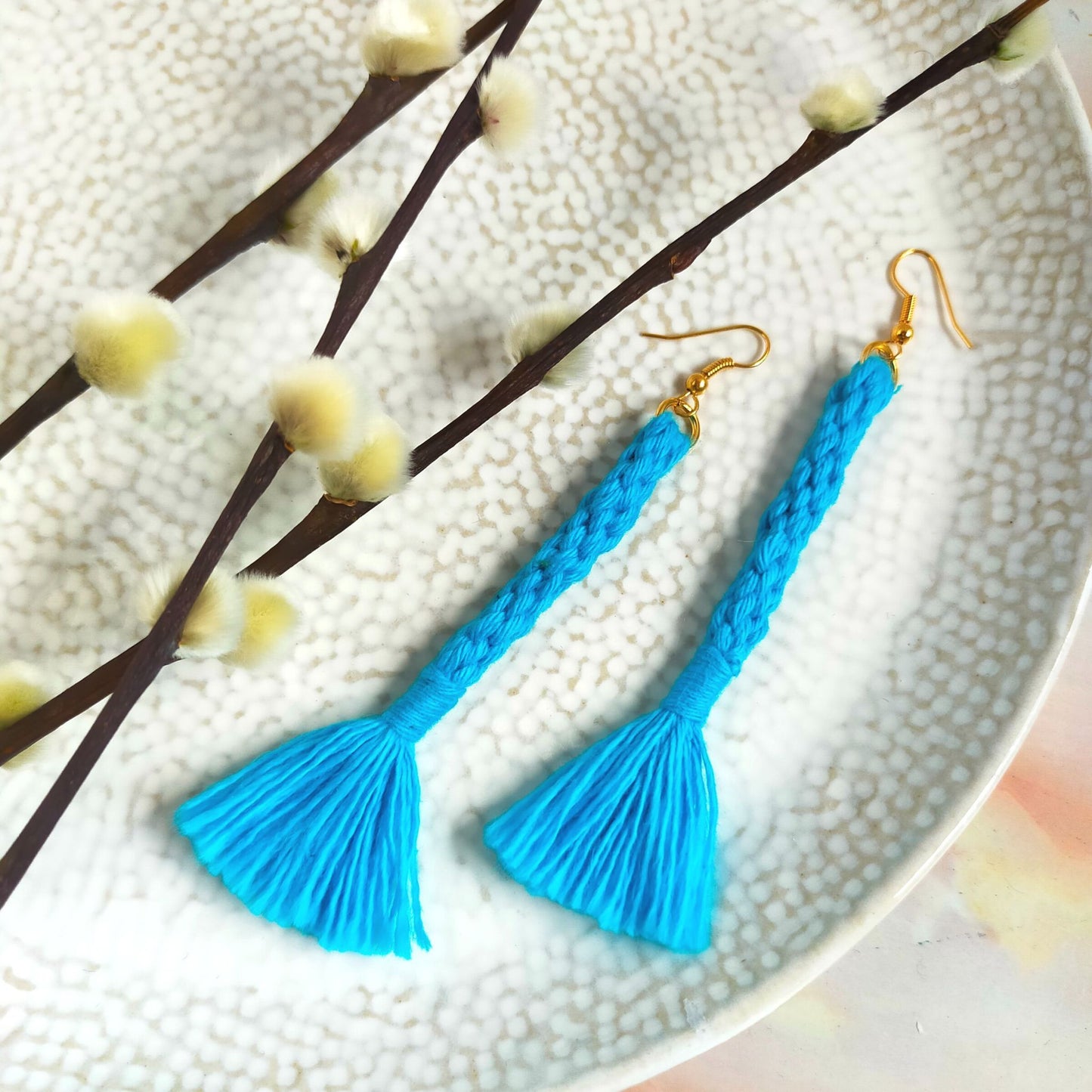 "Bree" Turquoise Macramé Loop Tassel Gold Plated Earrings