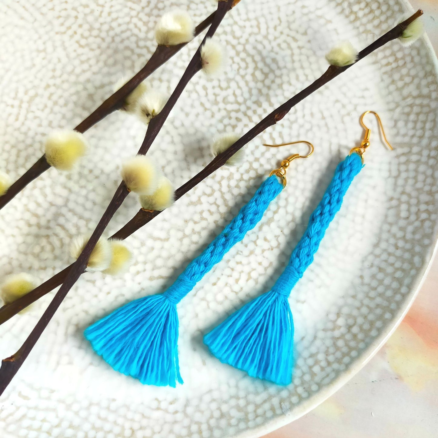 "Bree" Turquoise Macramé Loop Tassel Gold Plated Earrings