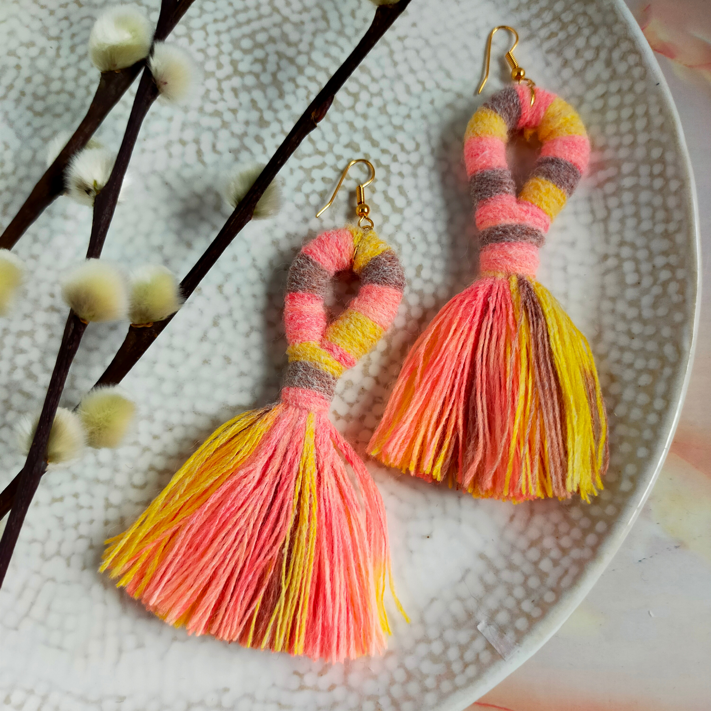 "Liv" Peach, Grey & Yellow Loop Tassel Earrings Gold Plated