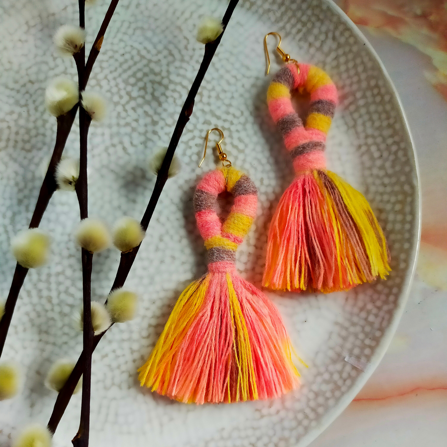 "Liv" Peach, Grey & Yellow Loop Tassel Earrings Gold Plated